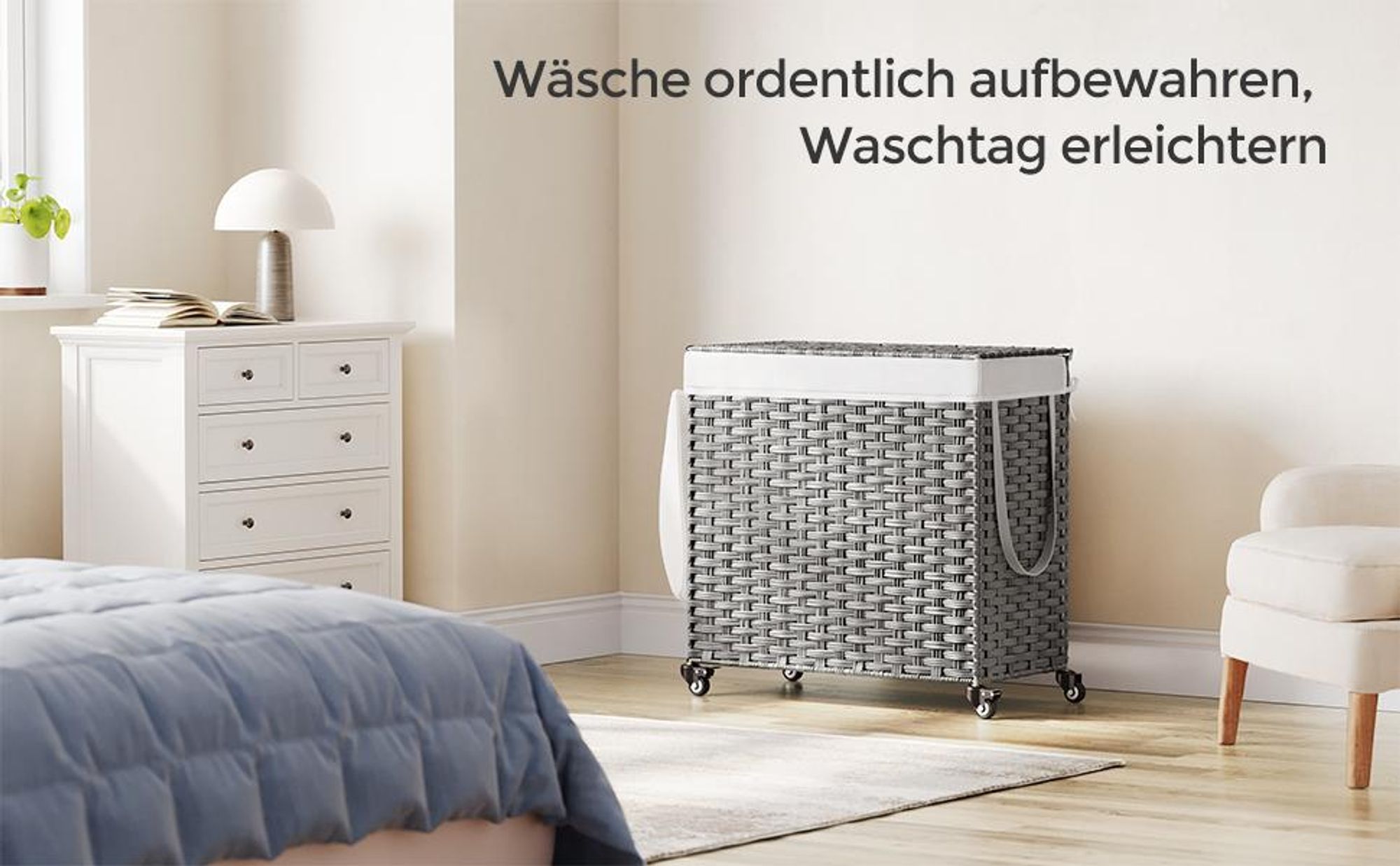 SONGMICS Wäschekorb, 140 L, mit Deckel, 3 Fächer, Wäschesack herausnehmbar