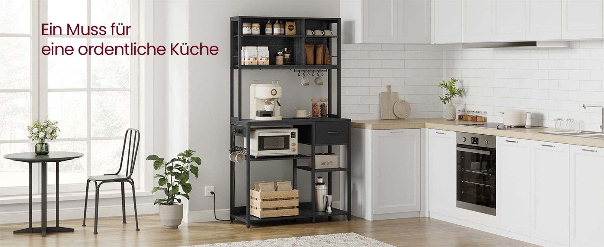 VASAGLE Küchenregal mit Steckdosen, Standregal, Mikrowellen-Regal, verstellbare Ablagen, Stoffschublade, 12 Haken, 40 x 100 x 180,4 cm, für Mikrowelle
