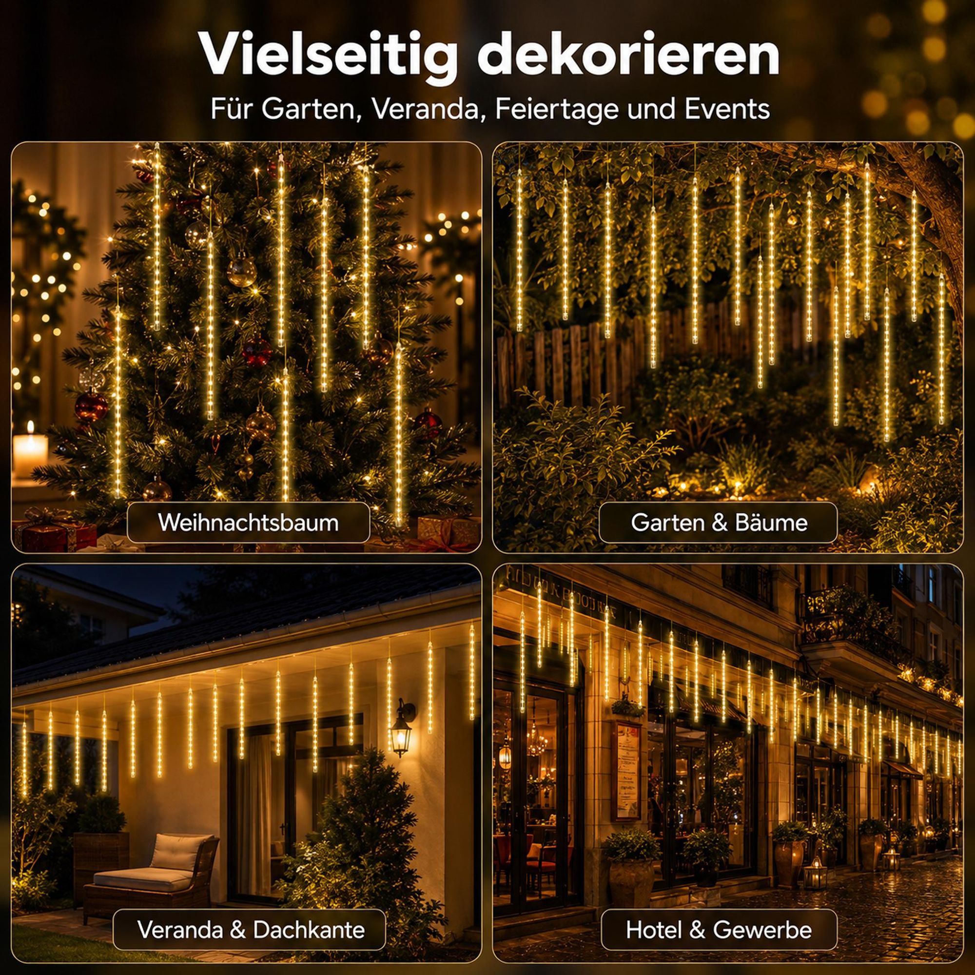2.4M Meteorschauer Lichterkette 192 LED Weihnachtsdeko Eiszapfen Lichterkette Winter Halloween Dachrinne Fenster Garten Balkon Deko, Warmweiß