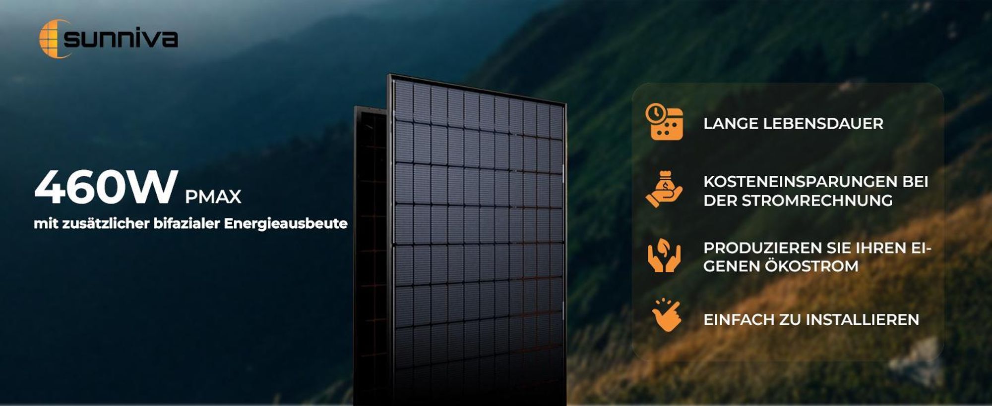 SUNNIVA® Solarmodul 2x 460 W FULL BLACK Bifazial Glas/Glas PV Modul Solarpanel - PMax 920W (2x460W) Bifacial N-Type, für Balkonkraftwerk oder PV Solar