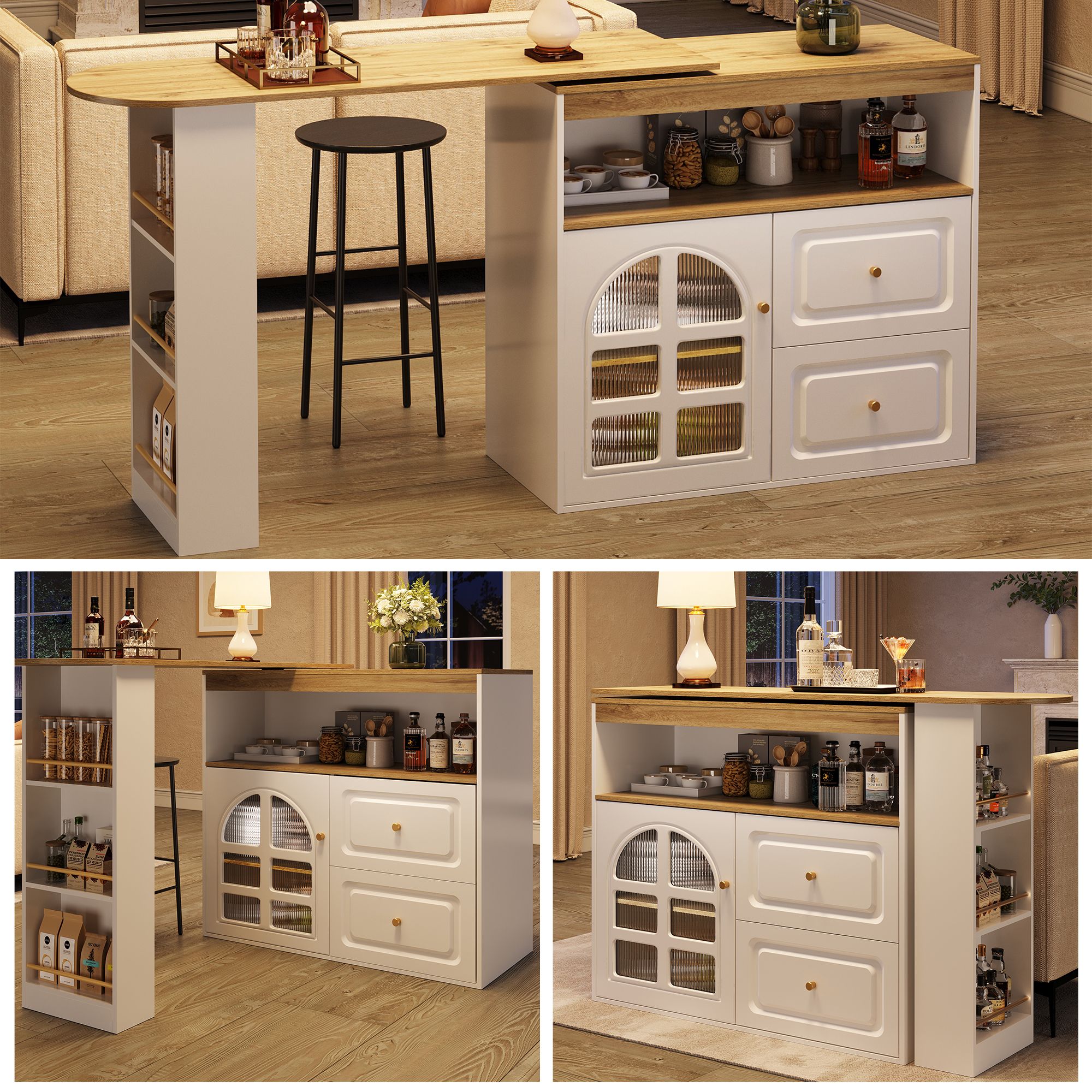 Flieks Stehtisch 360°drehbar, ausziehbarer Bartisch mit Sideboard, Esstisch Essbar 138-204x39x104 cm, Schrank mit Glastür und Schubladen, weiß