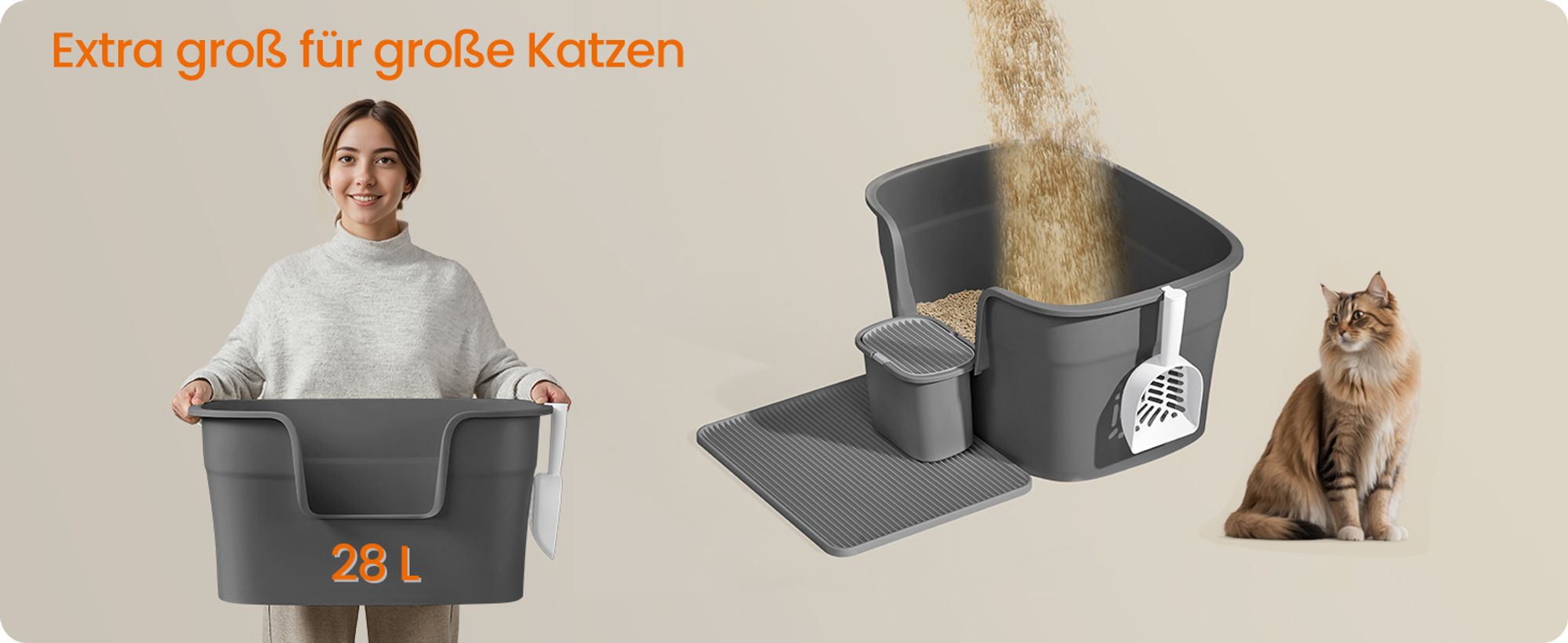 Feandrea extragroße Katzentoilette, für große Katzen, mit hohen Seitenwänden, Schiefergrau
