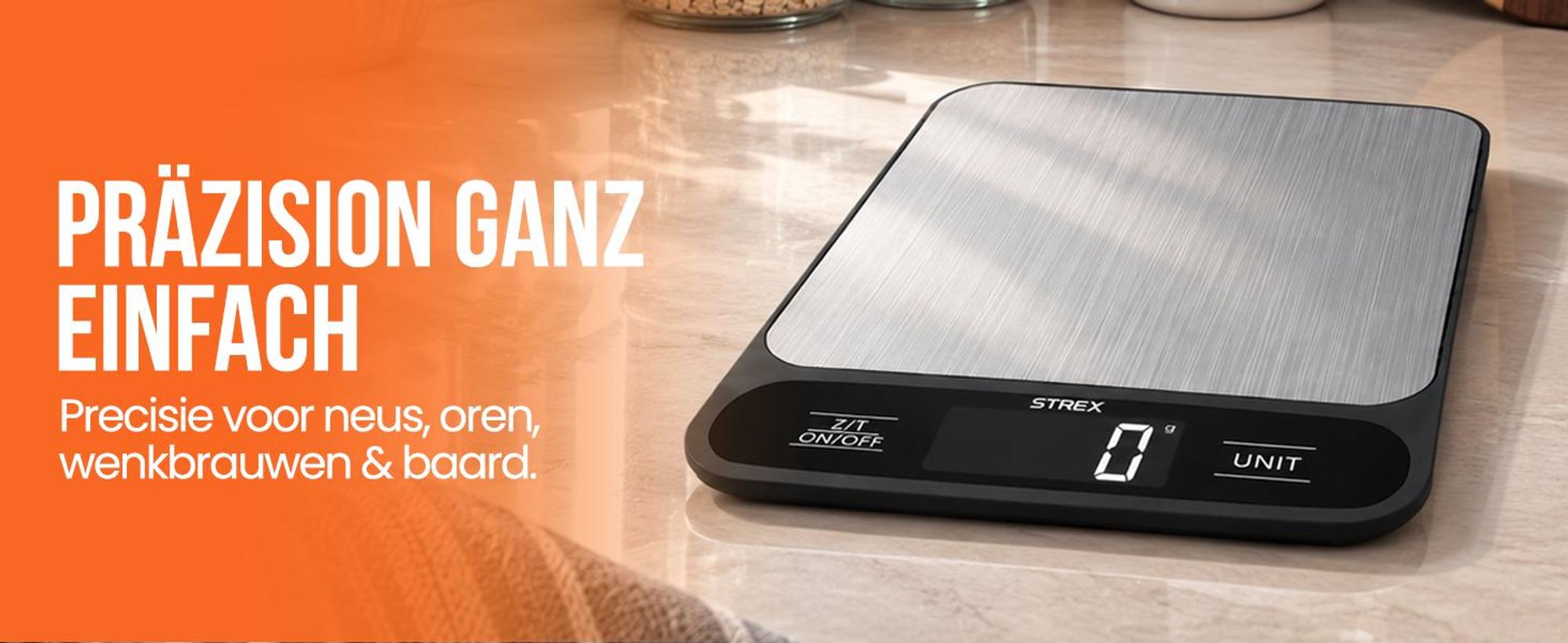 Strex Küchenwaage Digital mit 4 Präzisionssensoren - 1g bis 10kg | Edelstahl Präzisions-Küchenwaage | Inklusive Batterie mit klarem LCD-Display und Tara-Funktion