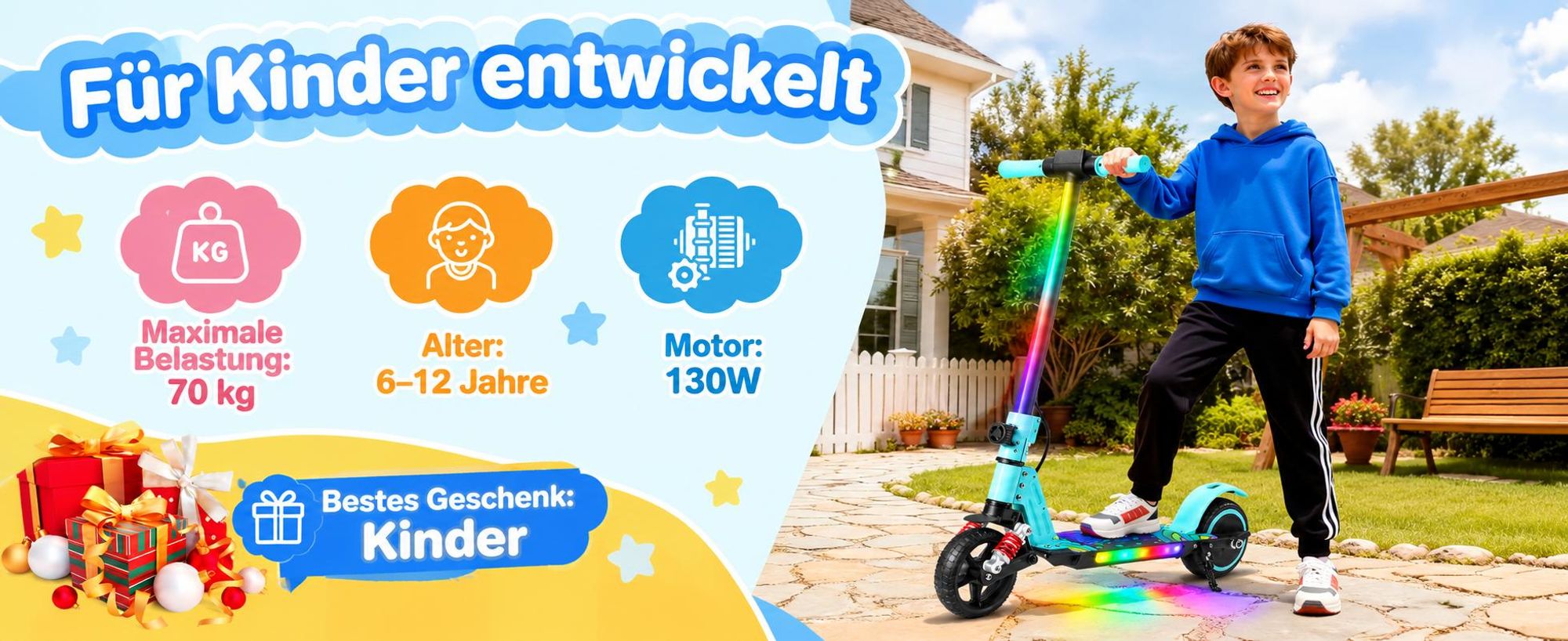 Elektroscooter S5 Himmelblau Für Kinder Elektroroller 130W, 6.5 Zoll, 8 Km, 2500 mAH Akku, 14km/h, Klappbar E Scooter, Kinderroller Mit LED Licht