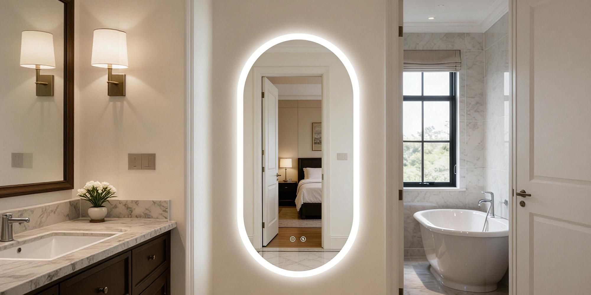 WISFOR LED Badezimmerspiegel Oval 60x120cm, Ovaler Wandspiegel mit Beschlagfrei, Touchschalter, IP66