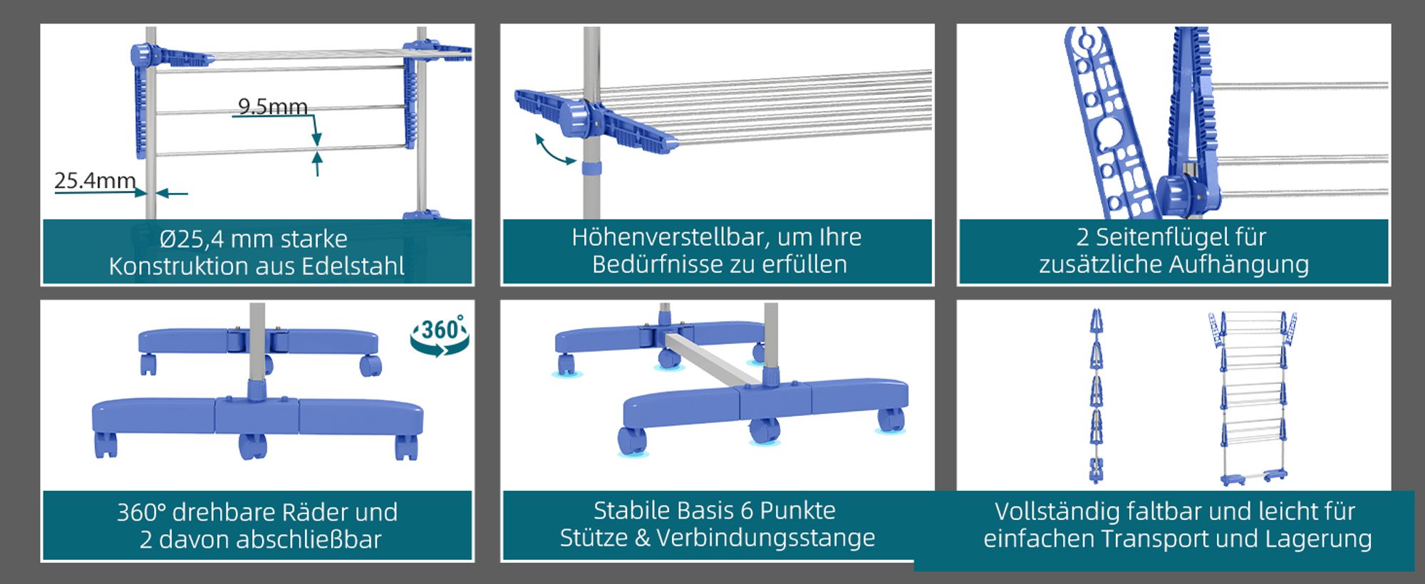 HOMCOM Wäscheständer Turmwäschetrockner 4 Ebenen klappbar höhenverstellbar Blau