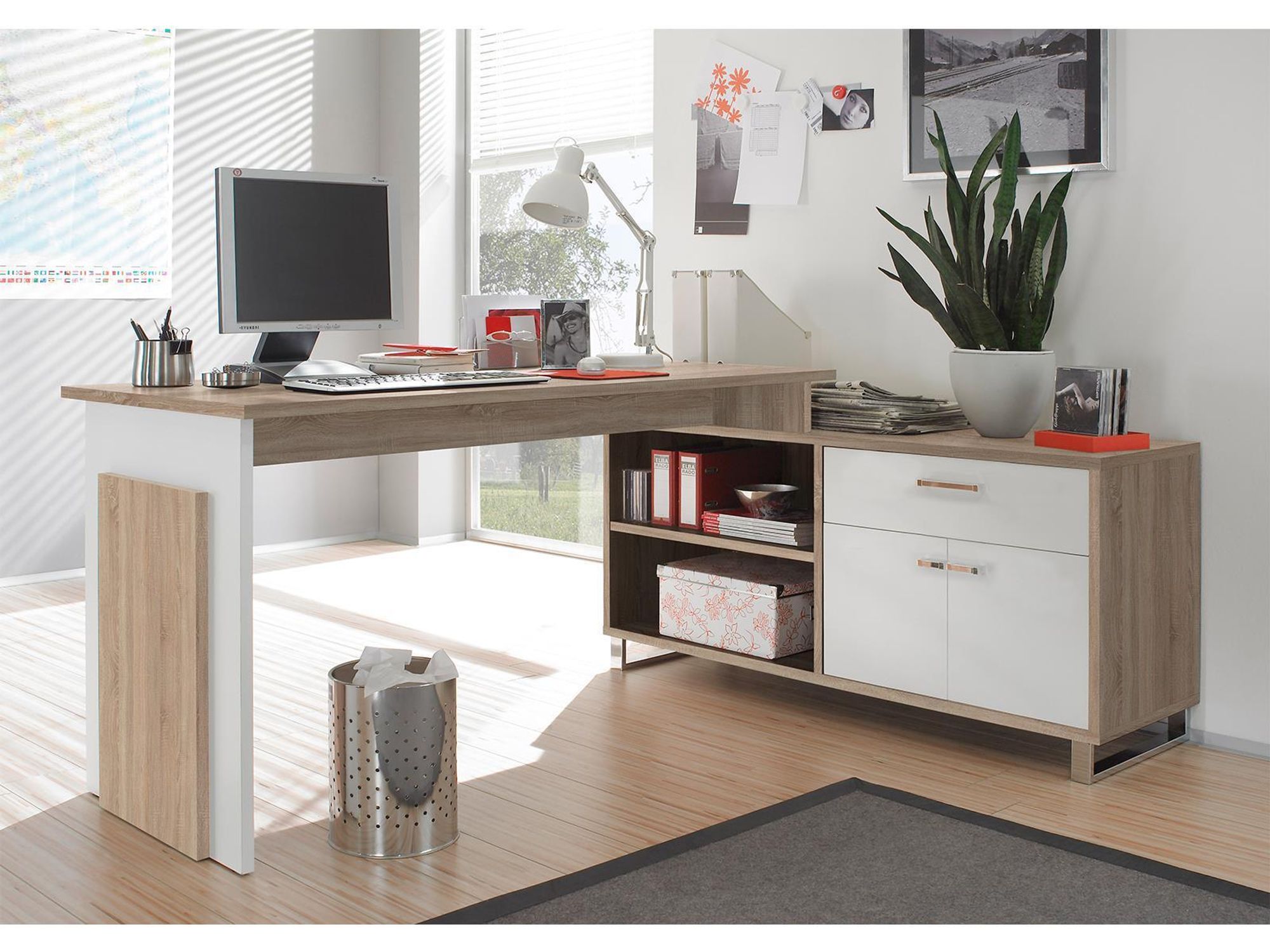 "Margate I" – Winkelschreibtisch mit Stauraum und flexibel montierbarem Sideboard