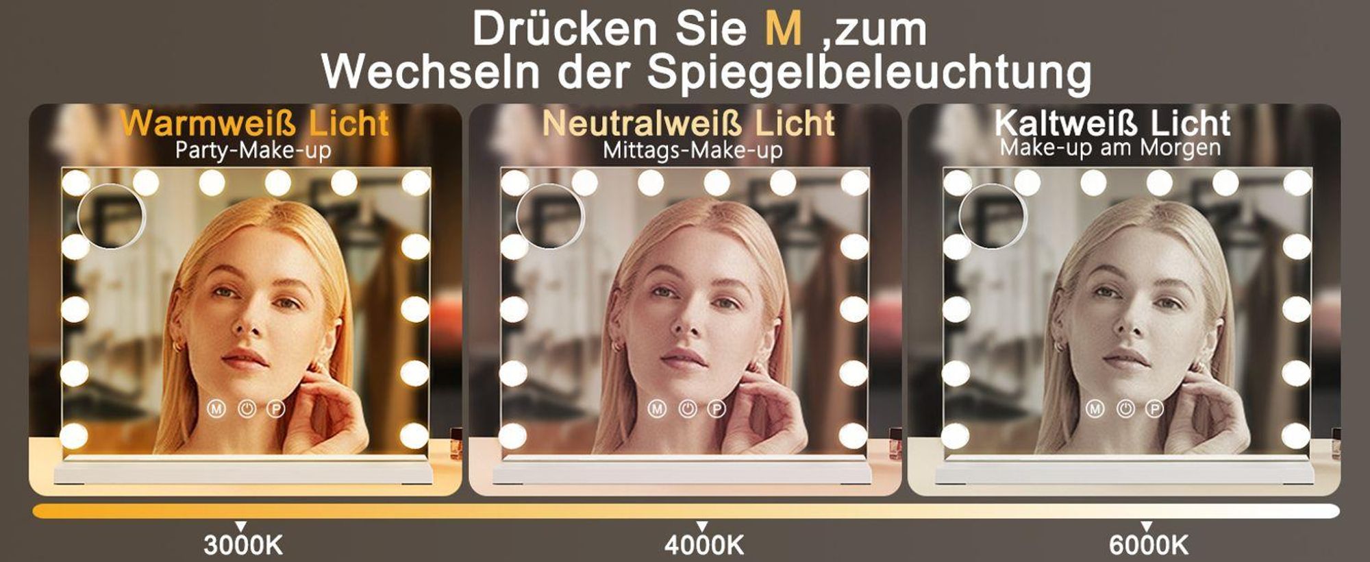 Espejo de maquillaje ZMH, espejo de cosmética, con iluminación LED regulable, 50x40 cm, con 3 modos de luz, control táctil, espejo de mesa para tocador, color blanco