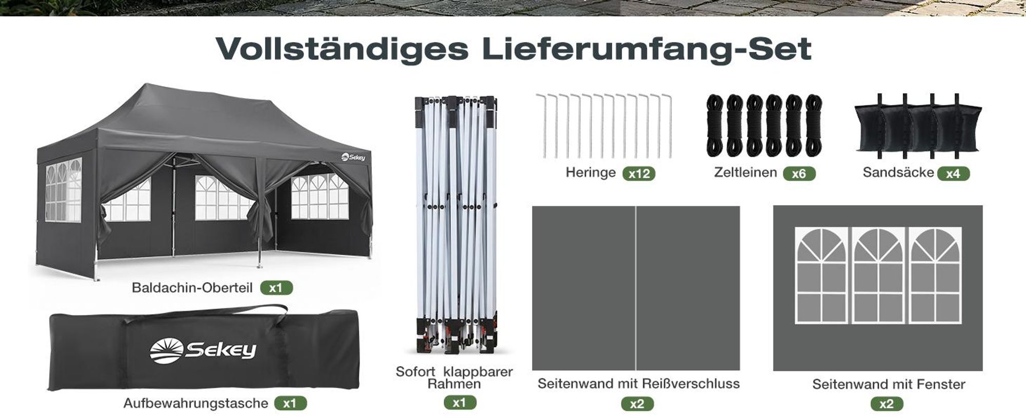 Sekey Faltpavillon 3x6 Wasserdicht mit 6 Seitenwänden, UV50+ Gartenpavillon Partyzelt, Grau