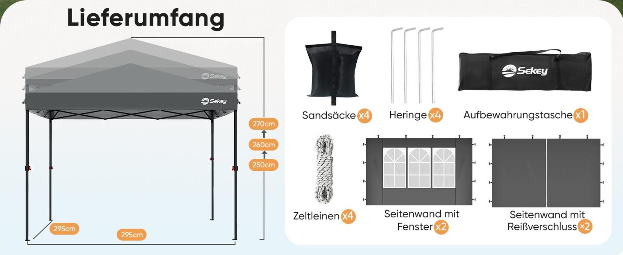 Sekey Faltpavillon 3x3 mit 4 Seitenwänden und mit 4 Sandsäcke, Wasserdicht Pop Up Pavillon für Camping, Festival, Events, Picknicks, Grau