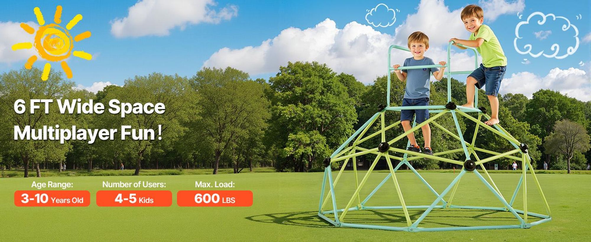 VEVOR Kletterkuppel geometrisches Klettergerüst (183 cm) breit, 270 kg belastbares Klettergerüst, Klettergerät für Kinder von 3 bis 10 Jahren Gartenspielzeug Spielplatz blau + grün