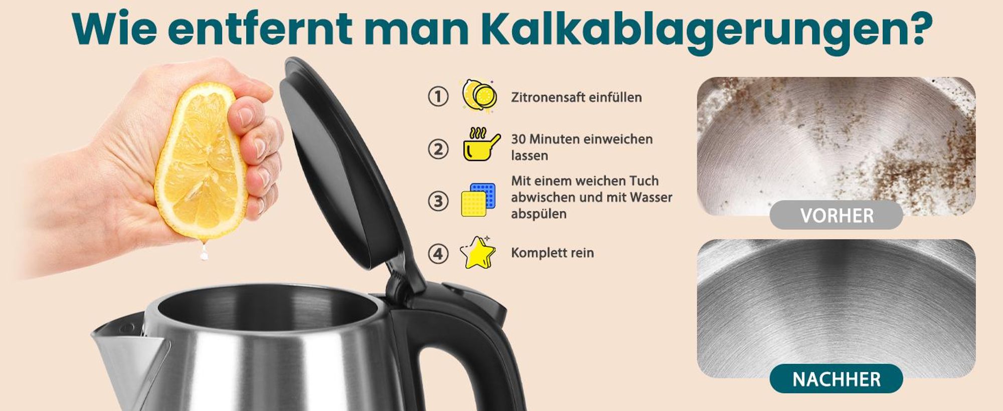 Aigostar 30LYF/300104LYF Schnurloser Wasserkocher, Edelstahlgehäuse, 1,7 l FÃ1/4llmenge, 2200 Watt, 360° Sockel, Trockengehschutz, Abschaltautomatik