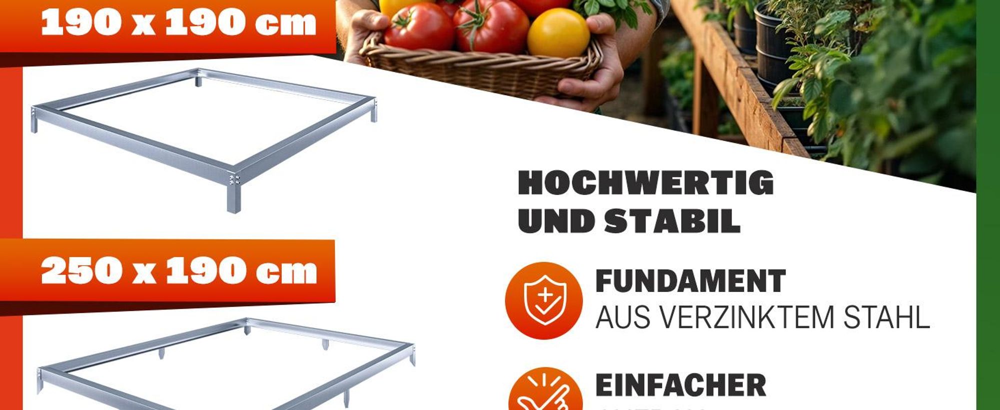GARDEBRUK® Fundament für Gewächshaus 380x190cm Stahl verzinkt Sockel Stahlfundament Treibhaus Rahmen inkl. Montagematerial Bodenverankerung