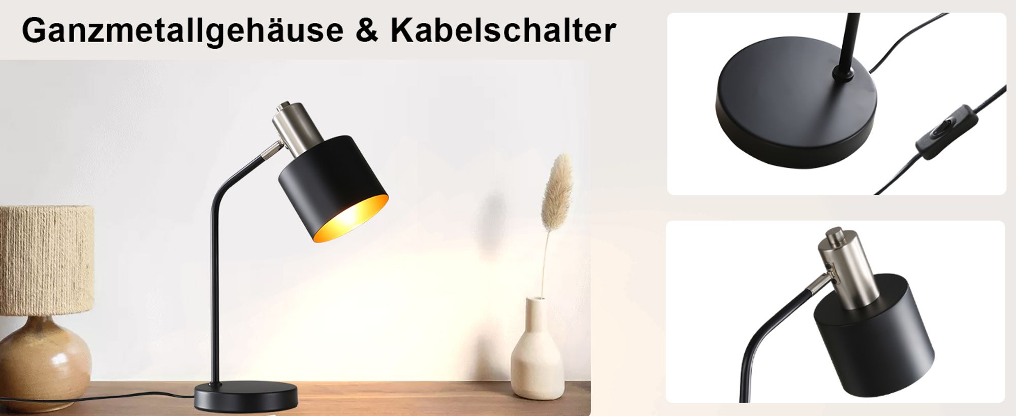 ZMH Tischlampe Vintage Nachttischlampe Kabel E27 Tischleuchte Wohnzimmer Schwarz Gold Schreibtischlampe Retro Schwenkbar Leselampe Tisch Basic Nachtlampe Bett für Schlafzimmer