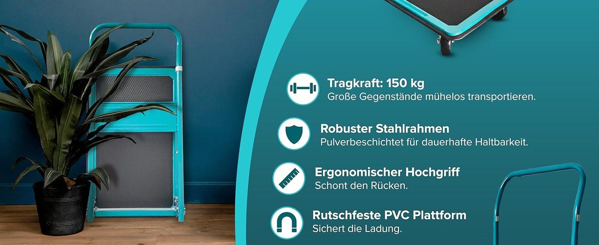 Sillar Klappbarer Transportwagen bis 150 kg – Plattformwagen mit 4 Rädern rutschfeste PVC-Plattform