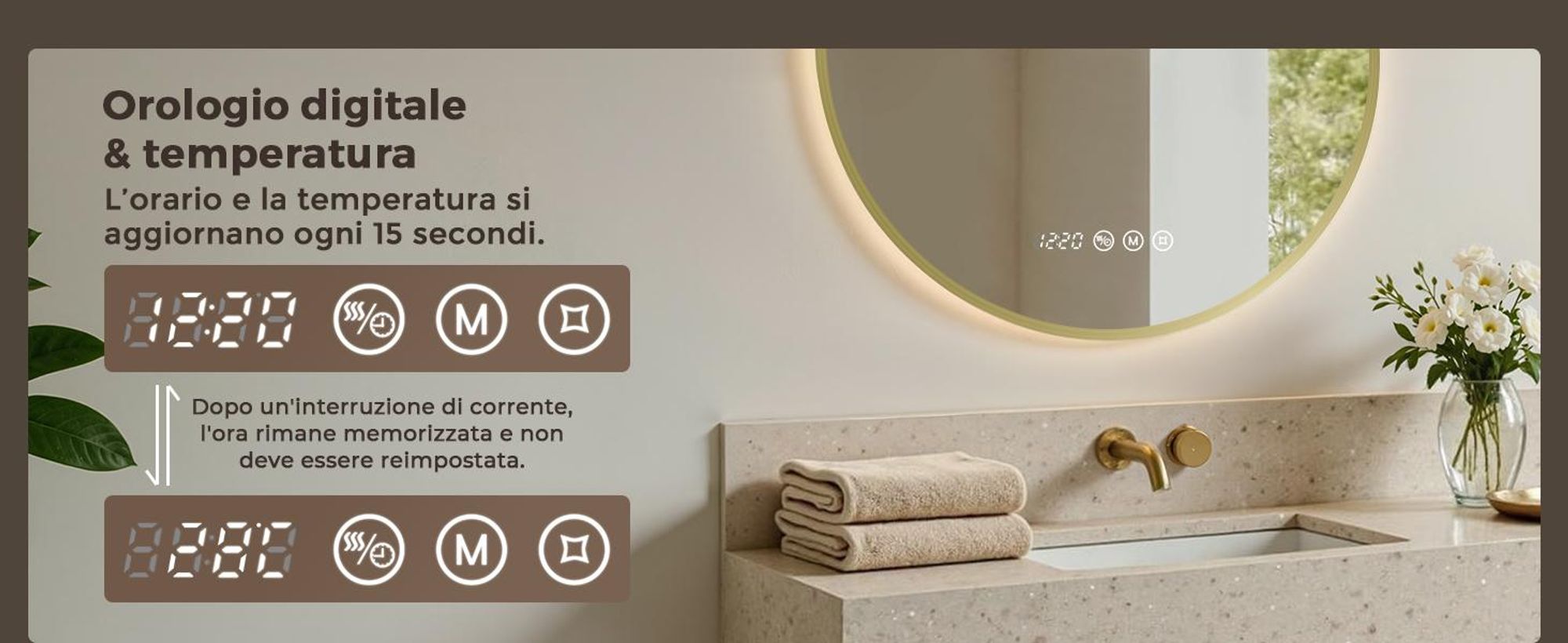 S'AFIELINA Specchio Bagno LED Rotondo 70 cm, Cornice Dorata, 3 colori di luce, luminosità regolabile, antiappannamento, orologio e temperatura