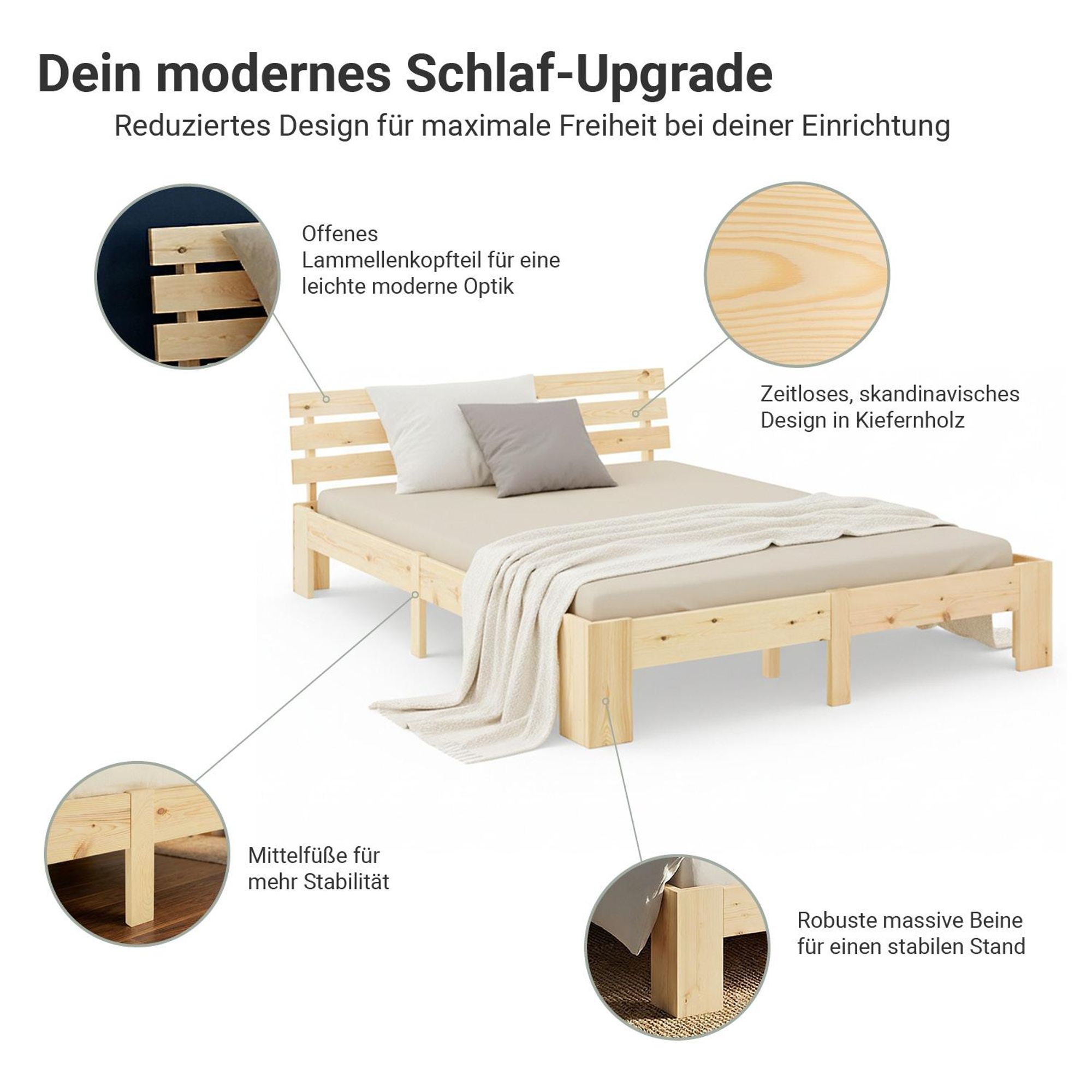 Das Bild zeigt die Details vom Holzbett, ein Kopfteil mit Lammellen und ein Mittelfuß.