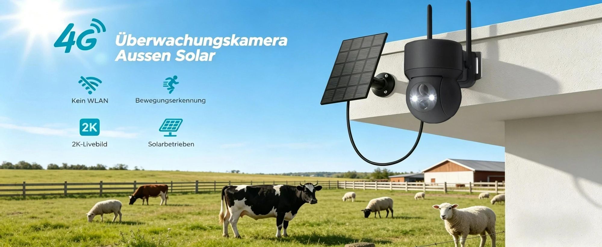 4G LTE Überwachungskamera Aussen Solar mit SIM Karte Ohne WLAN 2K PTZ Kabellos IP Kamera Outdoor Ohne WLAN PIR Erkennung Farb/IR Nachtsicht