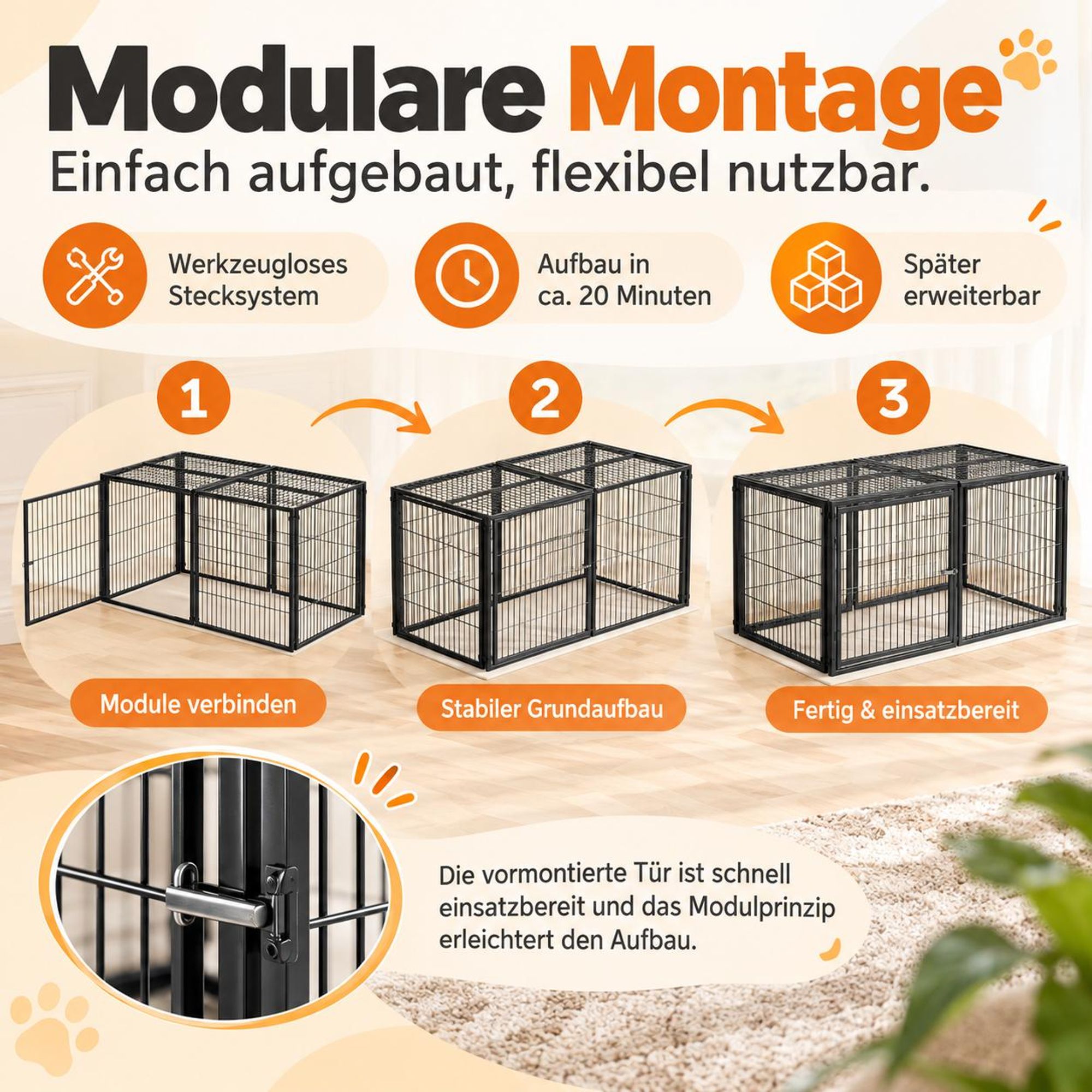 Basics Modulare Hundebox 160x80x80 cm, Flexibler Hunde-Käfig mit Sicherheitsdeckel & Verstellbarer Tür, Aus Stahl mit Rostschutz, inkl. PVC-Auflage, Schwarz Black