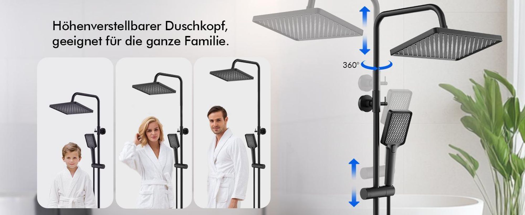 HOMELODY Duschsystem mit Thermostat und Glasablage Schwarz, 30x20cm Groß Kopfbrause, 3 Strahlarten Handbrause, Klavierknöpfen Duscharmatur Komplettset