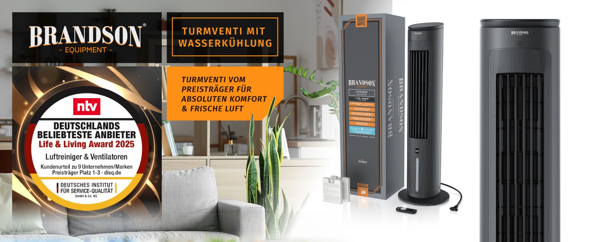 Schwarzer Brandson Luftkühler mit Verpackung und Zubehör, daneben ntv Award 2025