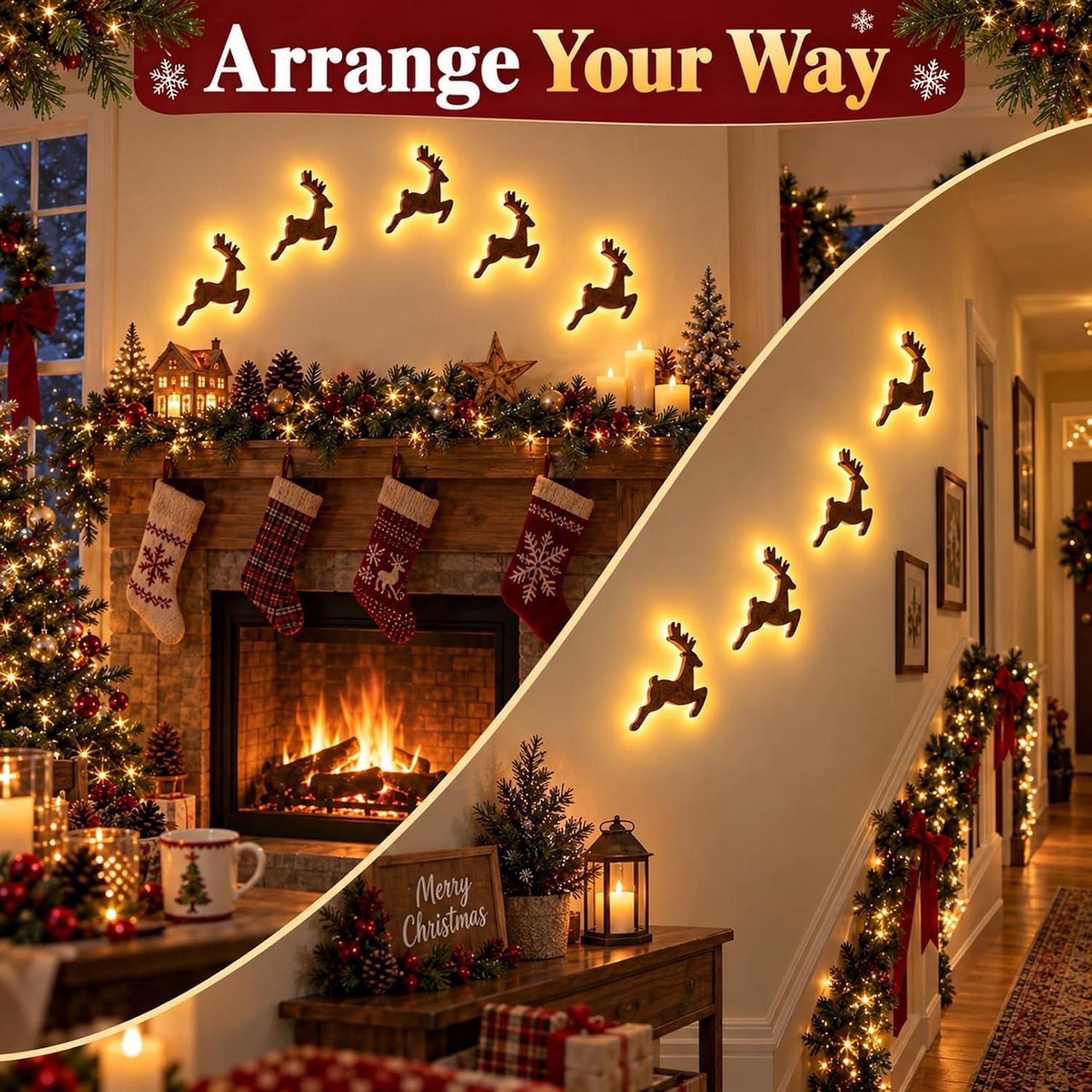 Weihnachtsdeko,3D Selbstklebende Weihnachtliche Wanddeko(Style A)Weihnachtsbeleuchtung aus Holz,Heimdekoration Rentier Wanddekoration für Wohnzimmer