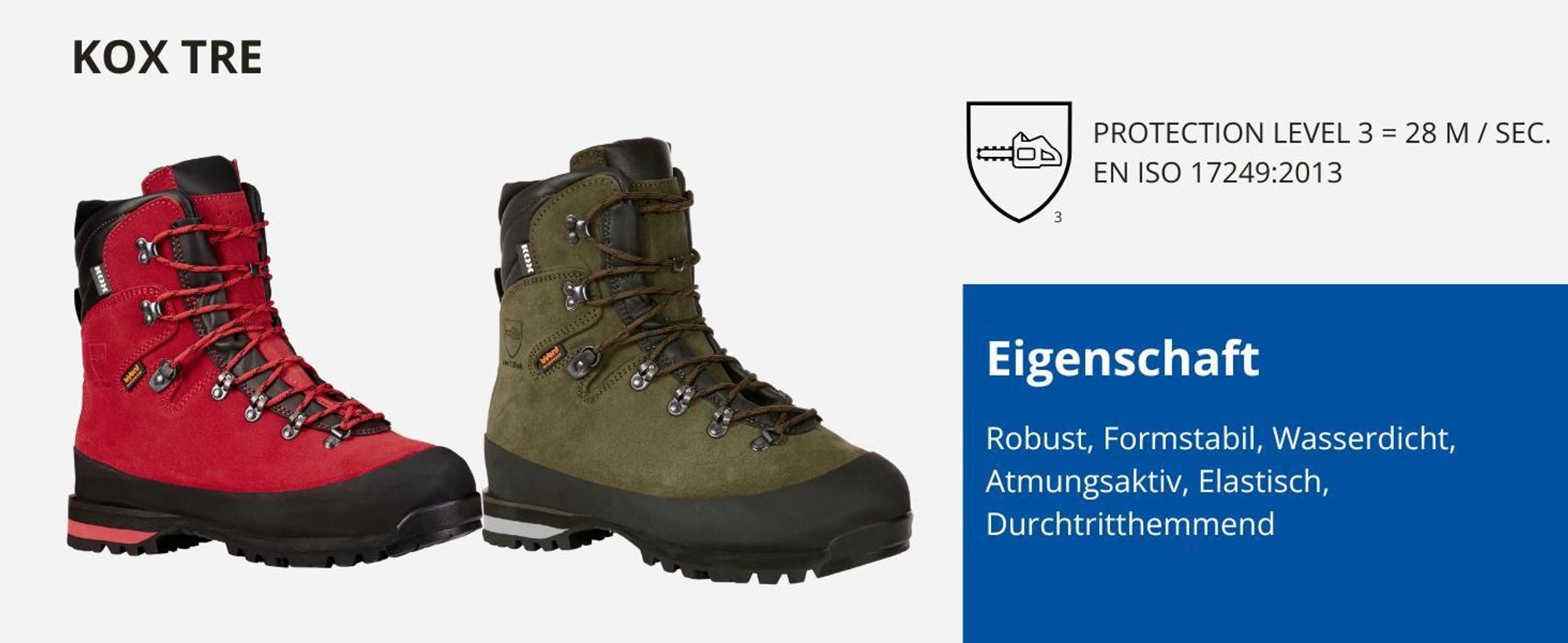 Das Bild zeigt KOX Schnittschutzstiefel in grün und blau