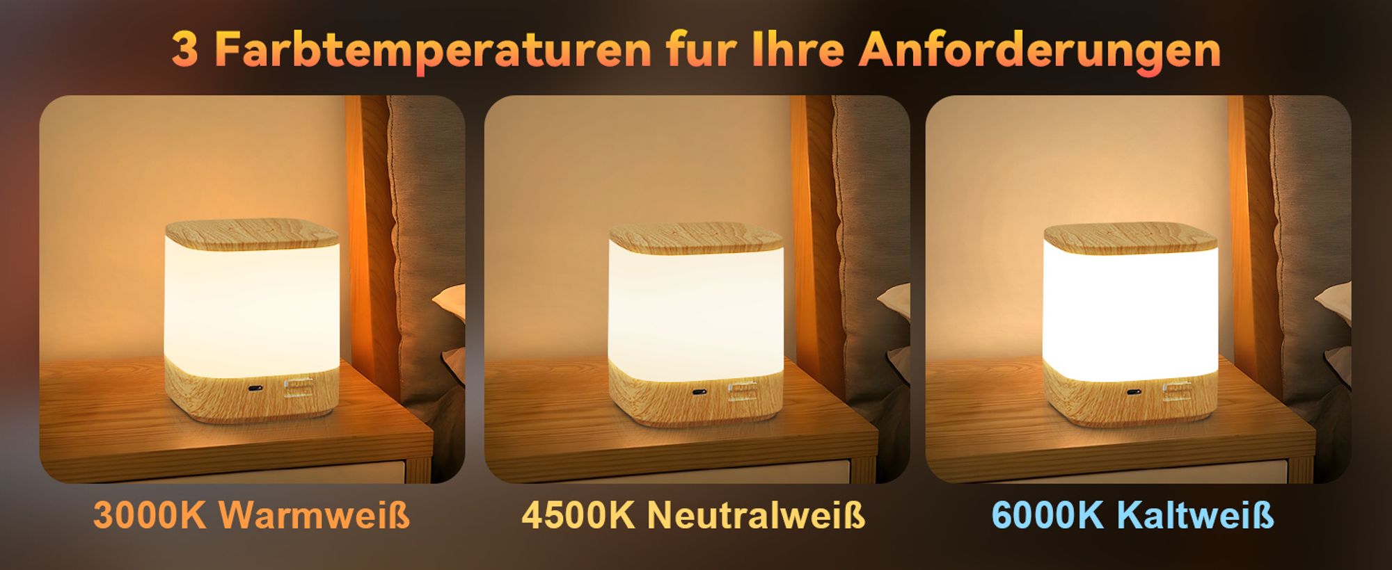ZMH Nachtlicht Kabellos LED Touch Dimmbar Tischlampe Akku mit 3 Farbtemperaturen 3600mAH USB Aufladbar Nachttischlampe Timing Funktion