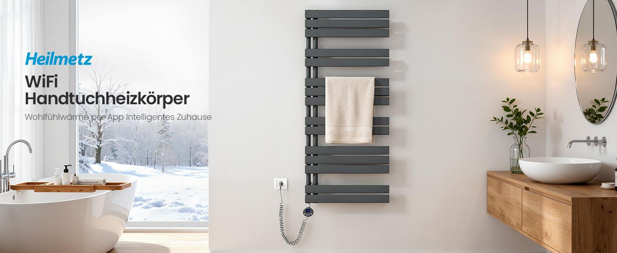 Heilmetz Badheizkörper 140x50cm 800W Anthrazit Elektrischer Heizkörper Handtuchheizkörper WLAN Thermostat & Timer Handtuchtrockner