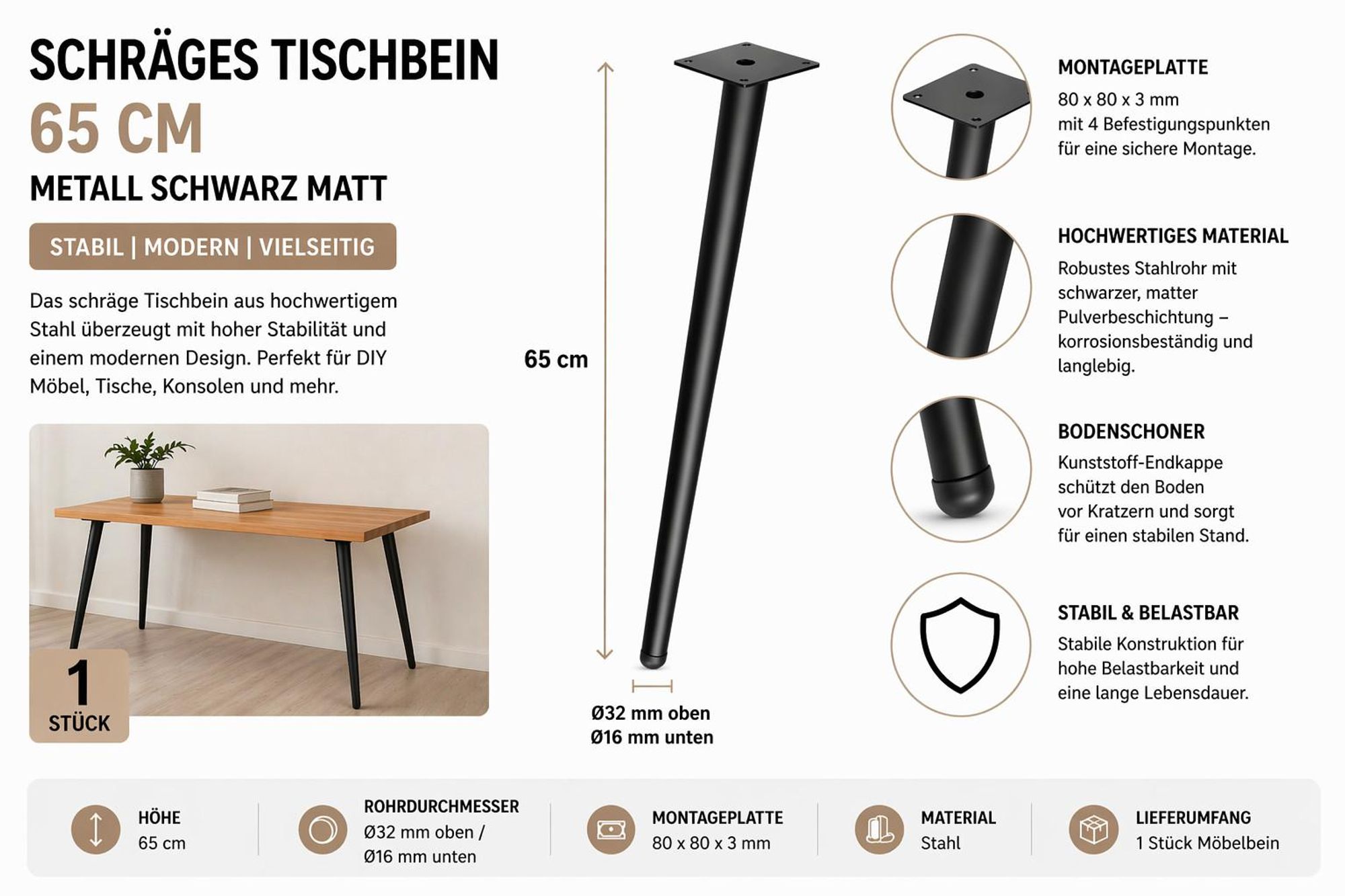 Schräges Tischbein 65 cm Metall Schwarz Matt – Möbelfuß 1 Stück