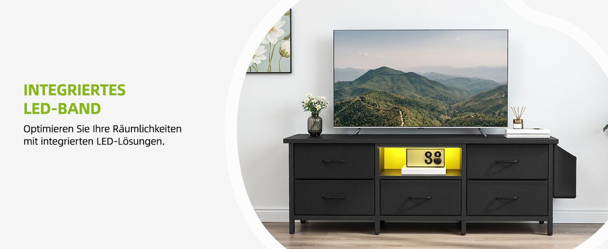 TV-Schrank, TV-Ständer Fernsehschrank, mit 5 Schubladen und LED, für Fernseher bis zu 55 Zoll, 145 x 35 x 50 cm, Schwarz