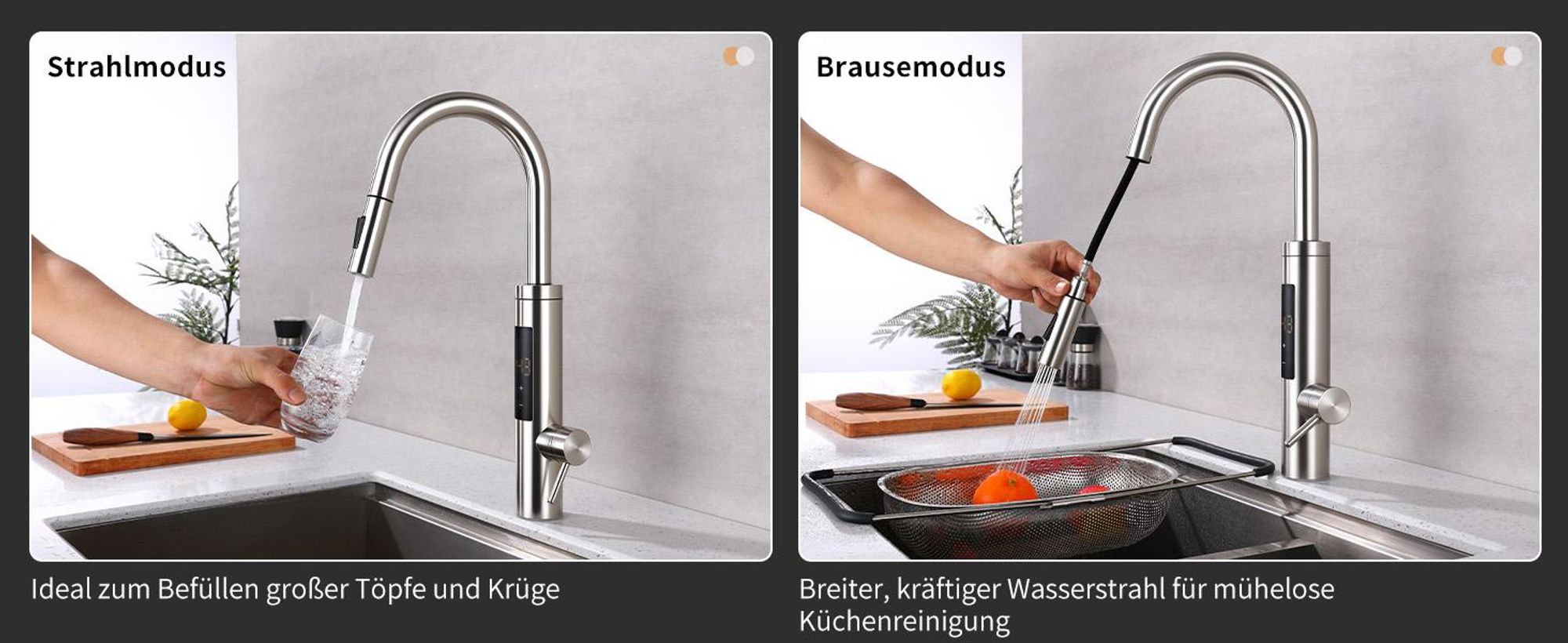 Homelody Elektrischer Wasserhahn mit Durchlauferhitzer 220V 3300W, Armatur Küche Edelstahl mit LED Temperaturanzeige & Brause ausziehbar, 360° Drehbar