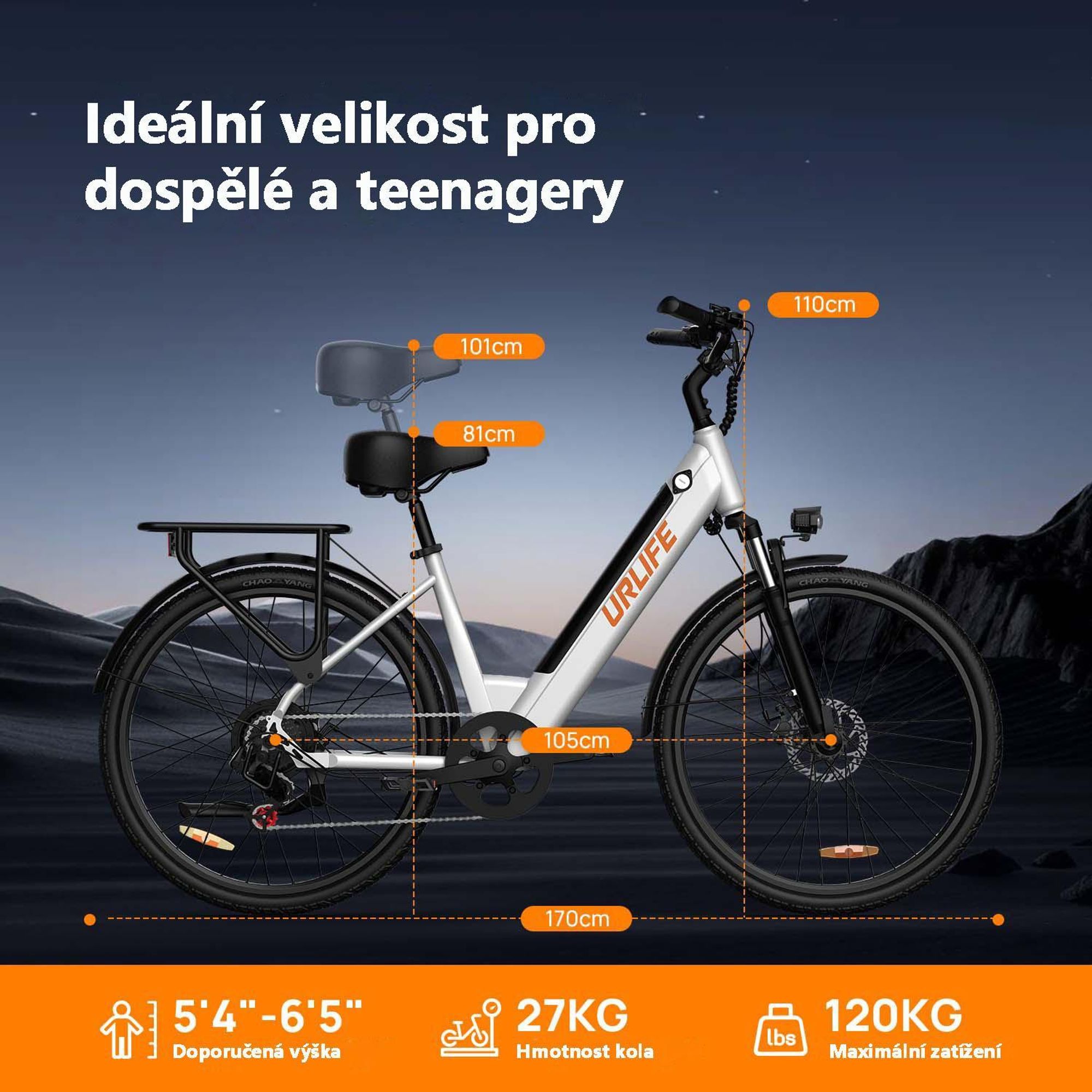 Elektrokolo URLIFE E26 - Motor 250W Baterie 48V10.4Ah 26palcové pneumatiky Kotoučové brzdy - Bílá