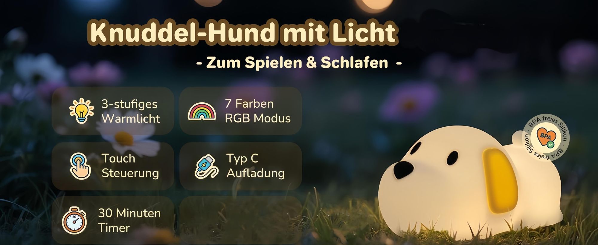 LED Nachtlicht Silikon Hund Touch Nachtlampe USB-Aufladung mit Timer,RGB,Schlaflicht Kinderzimmer tragbare Schlafhilfe Stilllicht,Geschenke für Kinder