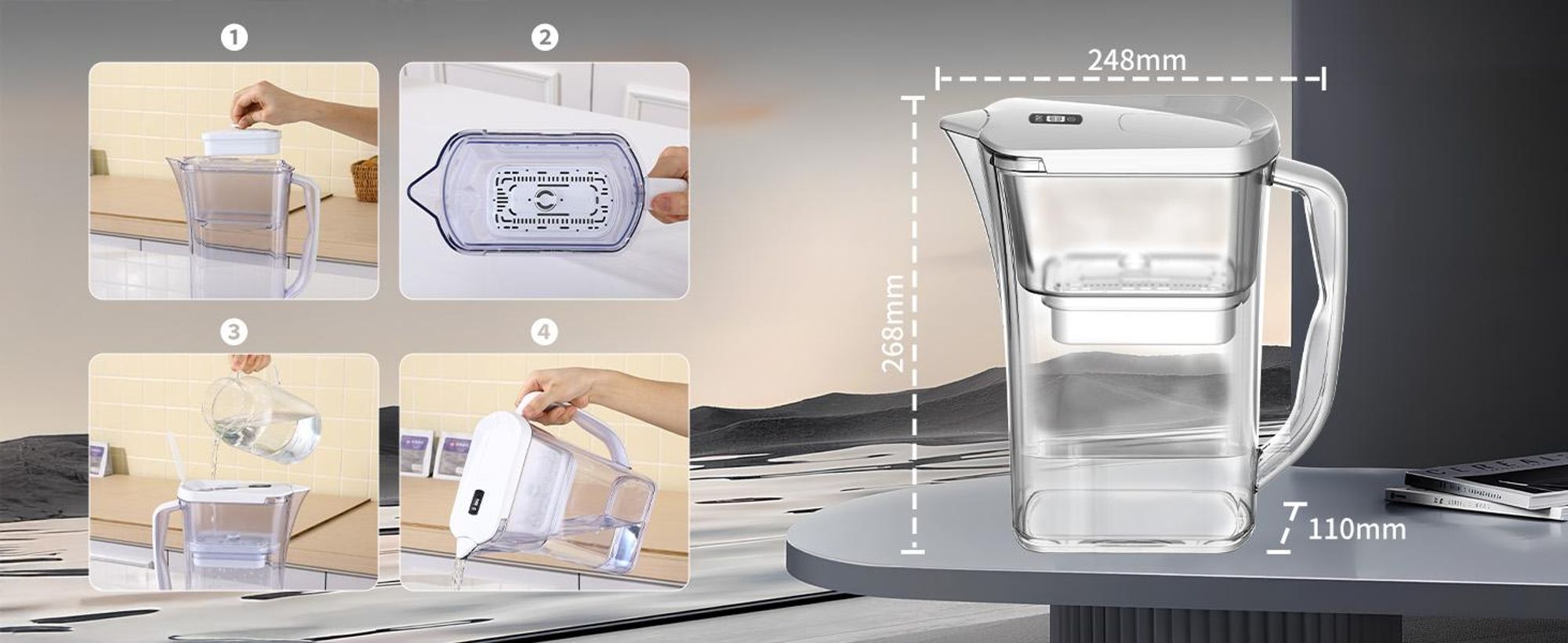 Wasserfilter Wasserfilterkanne 2,5 L mit LED-Countdown-Anzeige