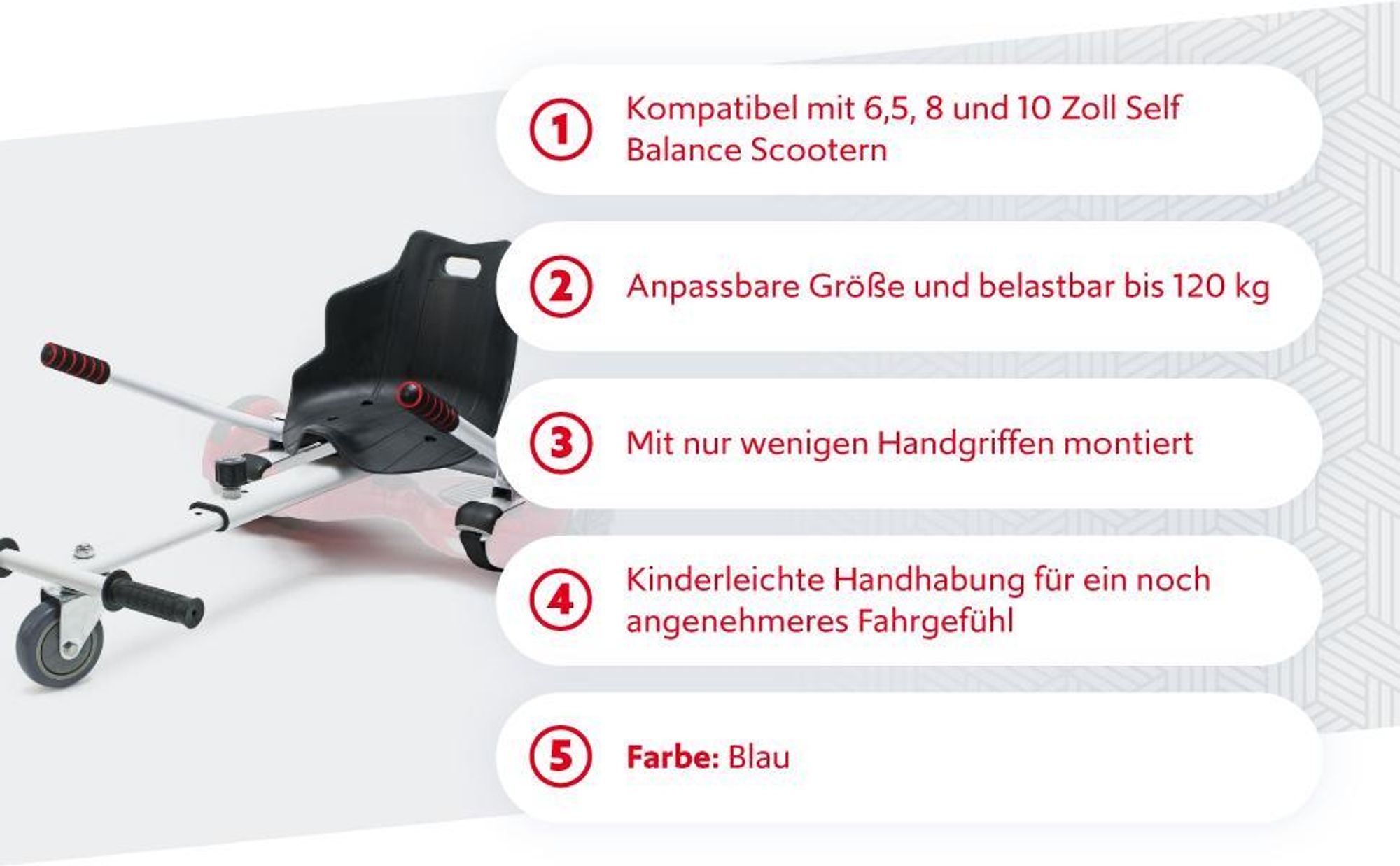 Wiltec Sitzscooter Blau, verstellbarer Kartsitz für Elektroscooter bis 120 kg, Sitzscooter kompatibel mit Hoverboards, ergonomischer Sitz