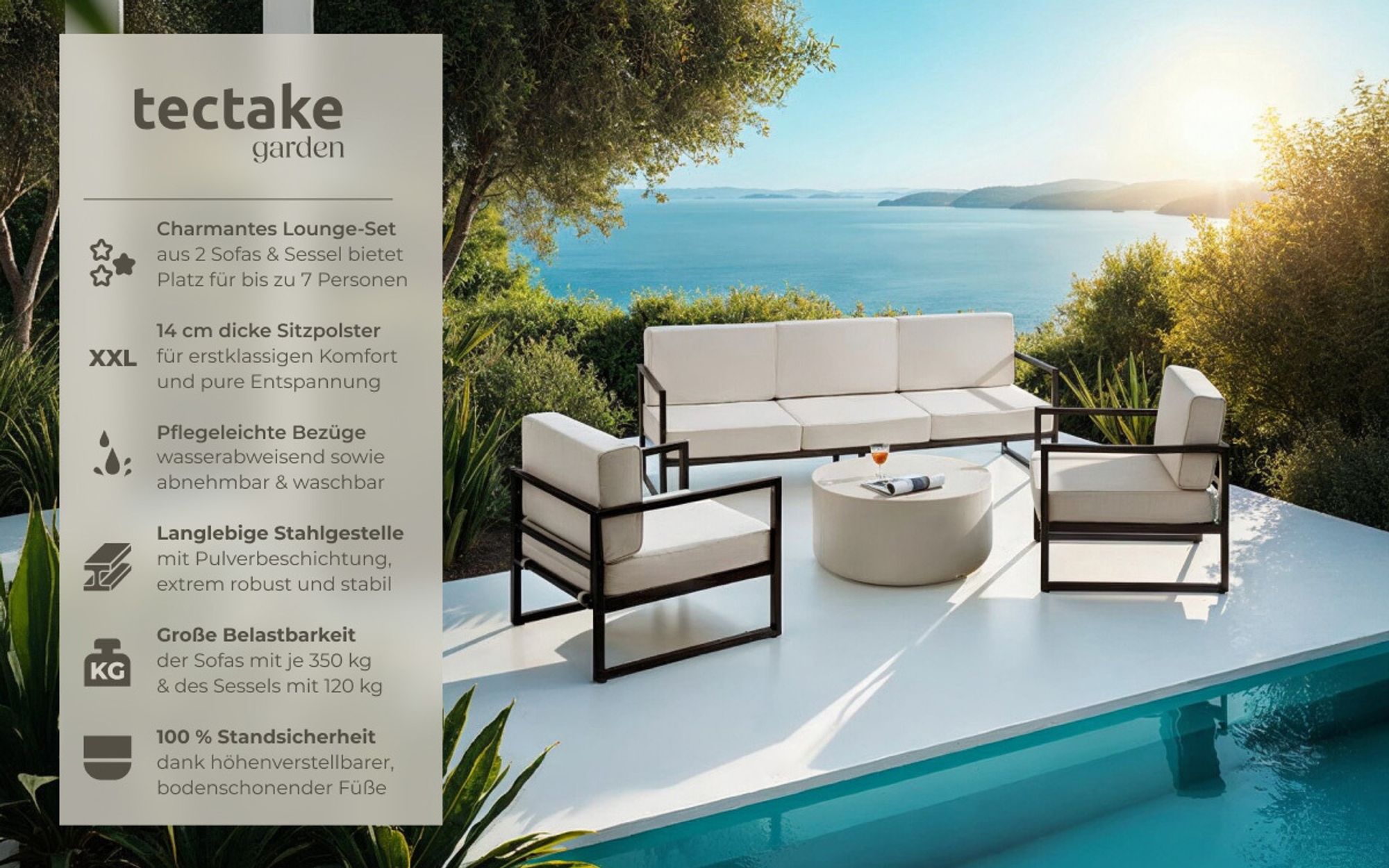 tectake® Garten-Loungeset Comosa für 5 Personen, XXL-Polsterung