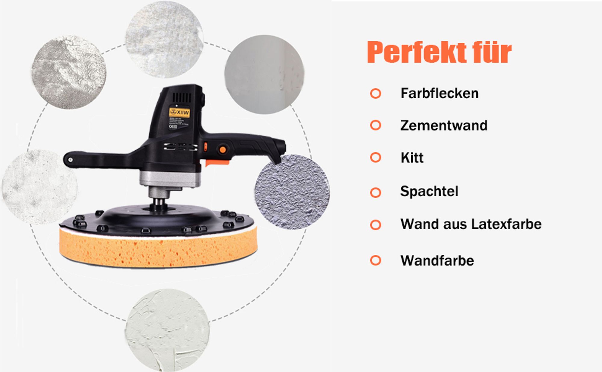 1280W Putzglättmaschine 230U/min Wandschleifer Wandglättungs Poliermaschine | Kunststoffscheibe Schwammscheibe Schleifscheibe | 6 Geschwindigkeit