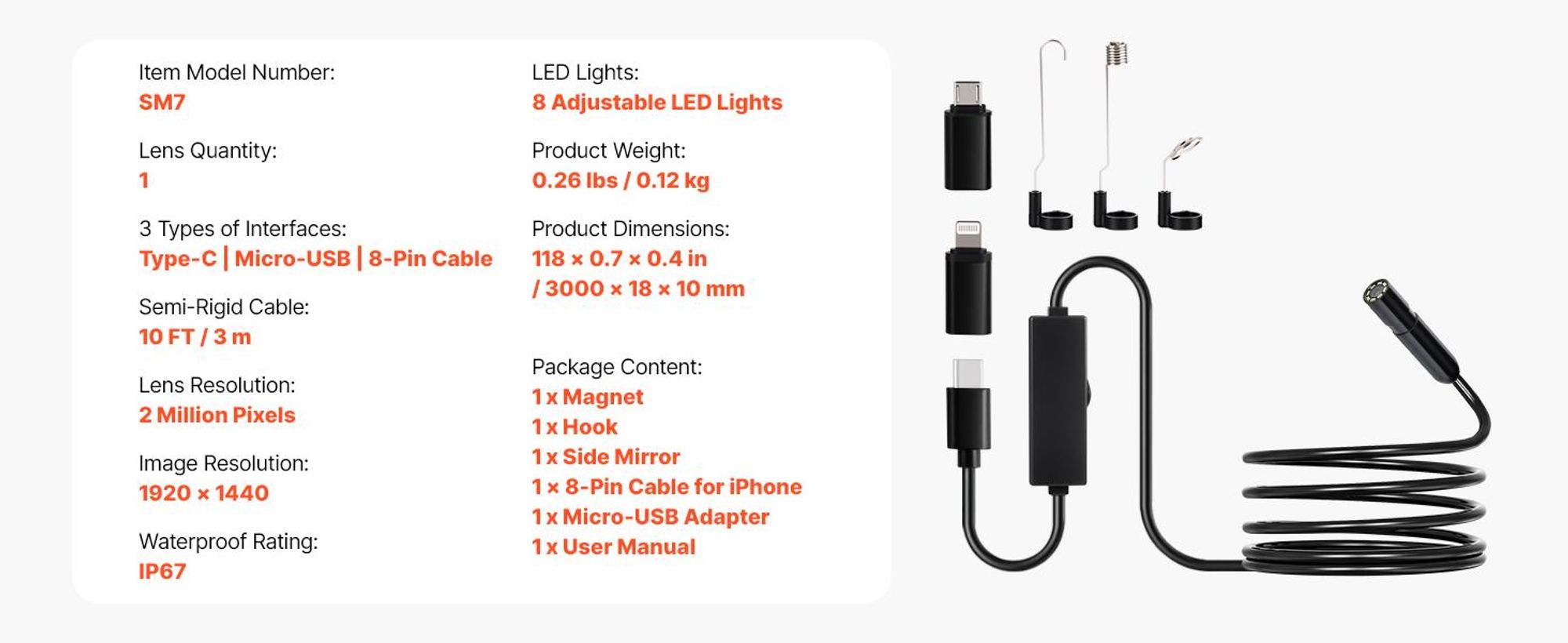 VEVOR Endoskopkamera mit Licht, 1920P HD-Endoskop für Android & iOS, Inspektionskamera mit 8 LED-Leuchten & 3 m langem Kabel, 2-facher Zoom