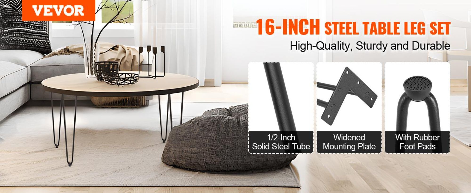 VEVOR 4er-Set Tischbeine Haarnadelbein 406mm hoch 110x110mm Montageplatte Kohlenstoffstahl Pulverbeschichtet Hairpinlegs 227kg Tragfähigkeit Ideal für Küchentische Wohnzimmerkonsolen Studio-Tische