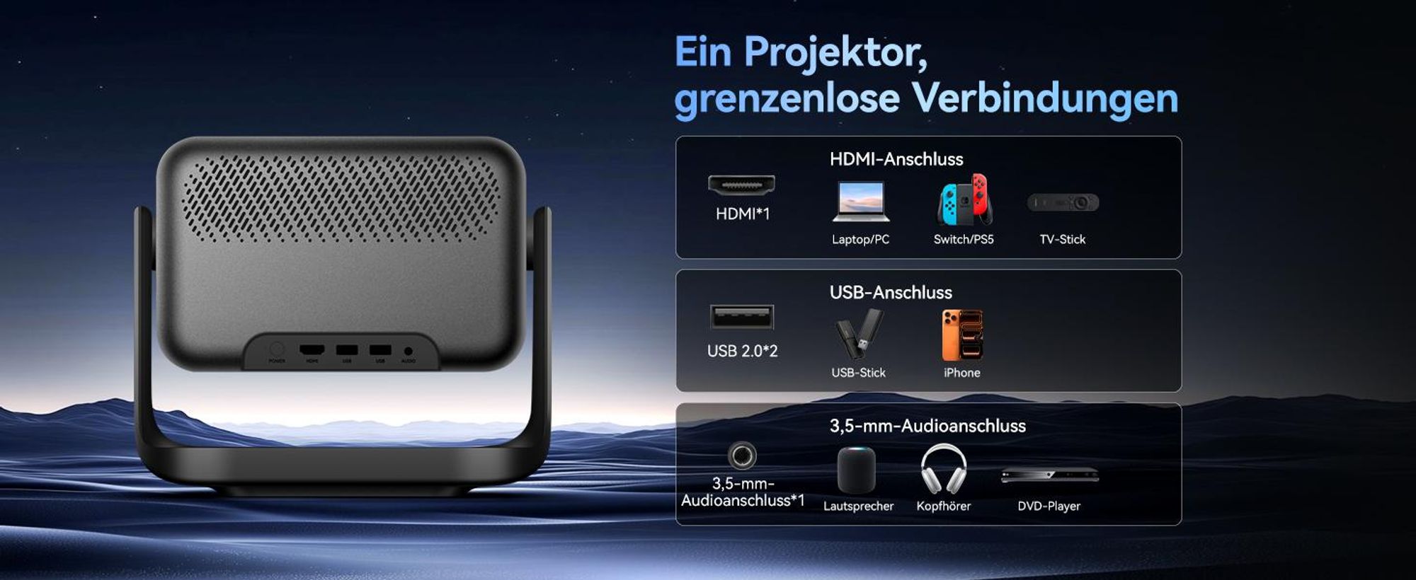 Blackview PV1000 Max, 1000 ANSI-Lumen, 1080p FHD, VIDAA OS, Dolby Audio 12W, 6-in-1 TOF AF, 40-150 Zoll, MT9660, WiFi 5+BT 5.0, AirPlay 2, 360° Gimbal