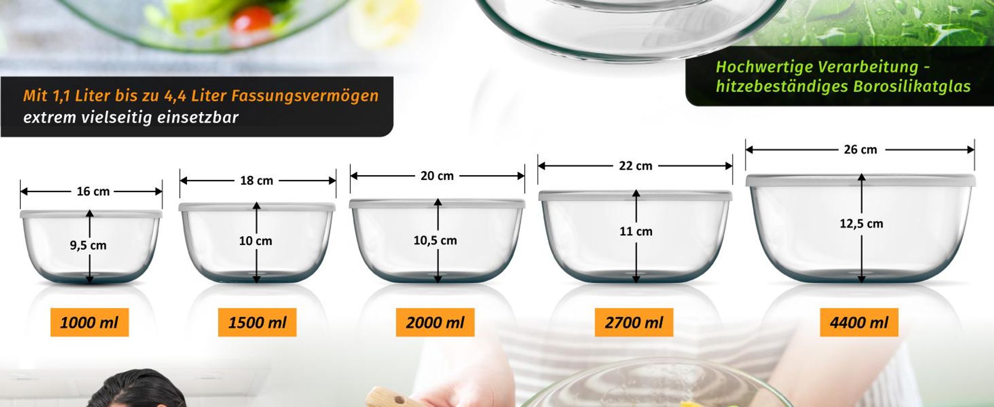 Arendo Salatschüssel mit Deckel, Set, 5x Glasschüsseln 1L, 1,5L, 2L, 2,7L & 4,4L, Glas Rührschüssel, Glas, (5er Set, 3-tlg), Glasschale, BPA-frei, spülmaschinengeeignet & mikrowellengeeignet