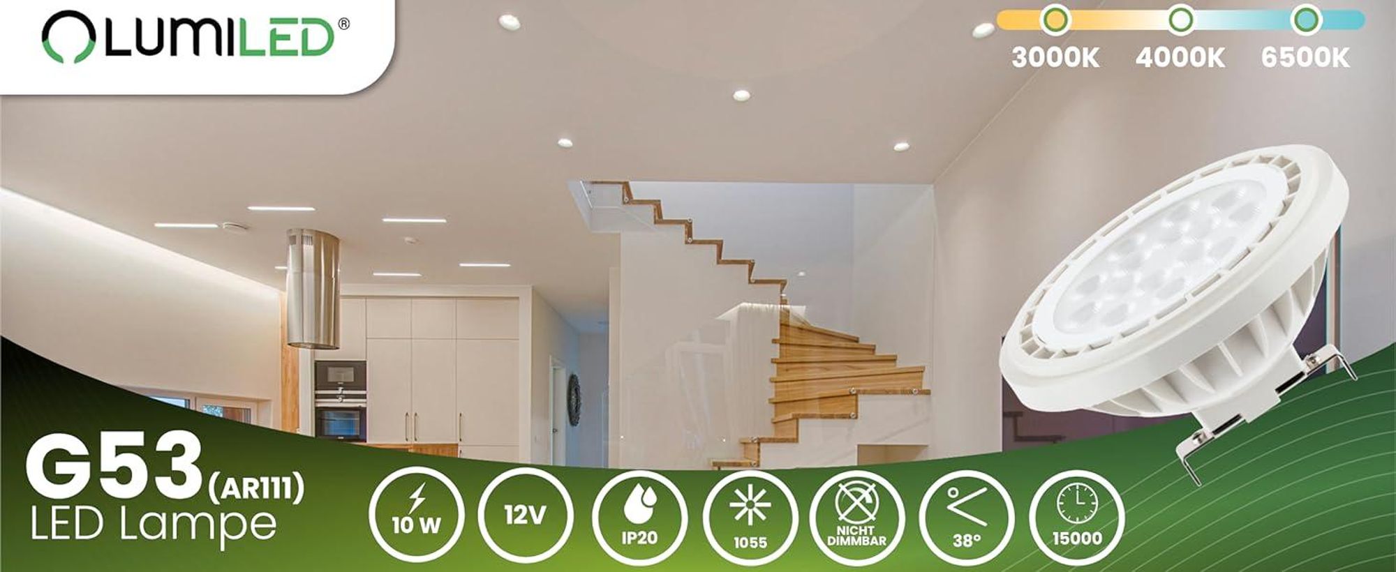 LUMILED LED-Leuchtmittel AR111 G53 Fassung 12V DC/AC 10W (Entspricht Halogen 75 Watt) Warmweiß 3000K 38° Abstrahlwinkel weiß 1055 Lm Ra>90 Kunststoff