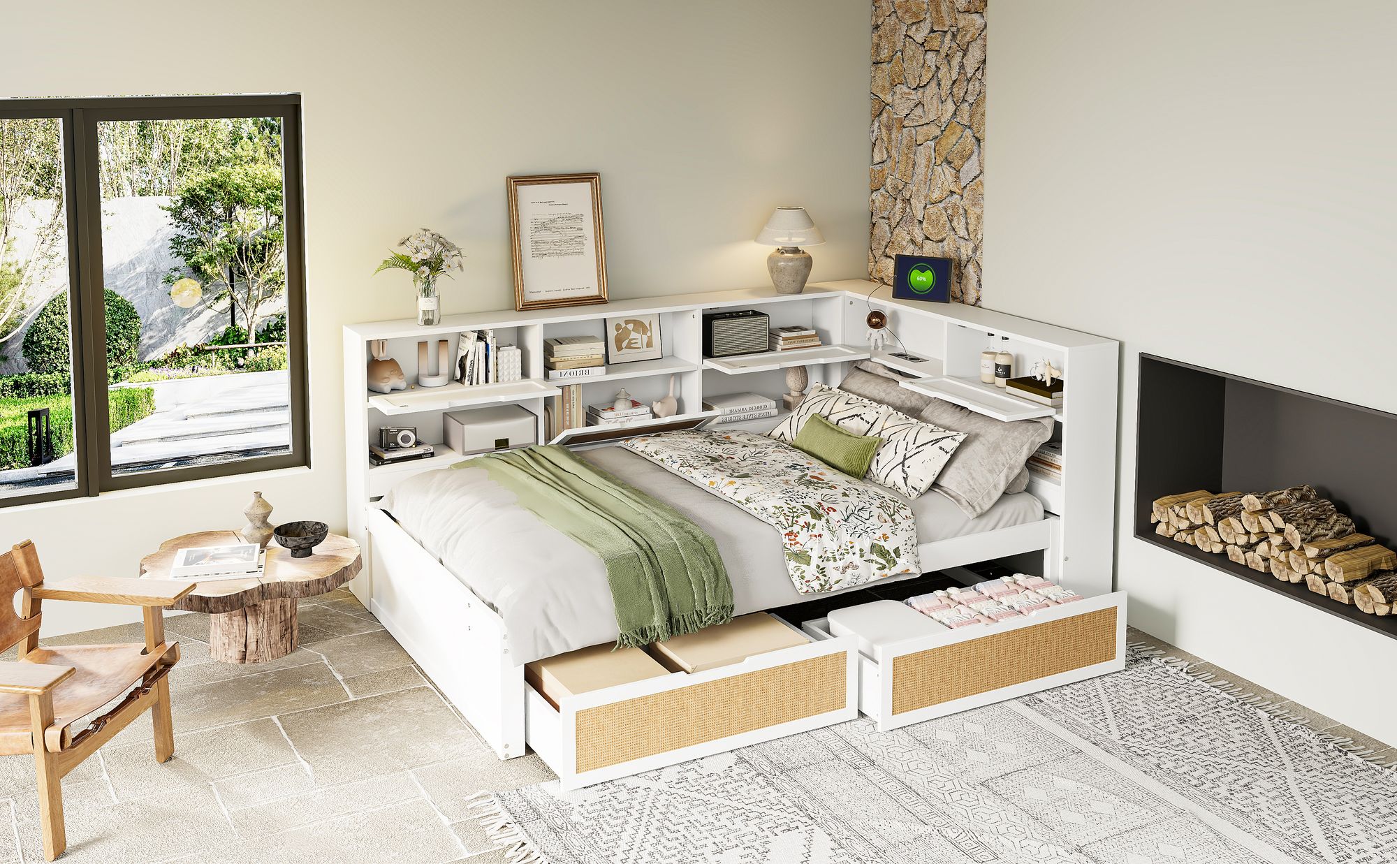 okwish Schlafsofa 140×200 cm，Kinderbett Jugendbett Multifunktionales Einzelbett mit vielen Staufächern und Ladeanschluss，Ohne Matratze，Weiß