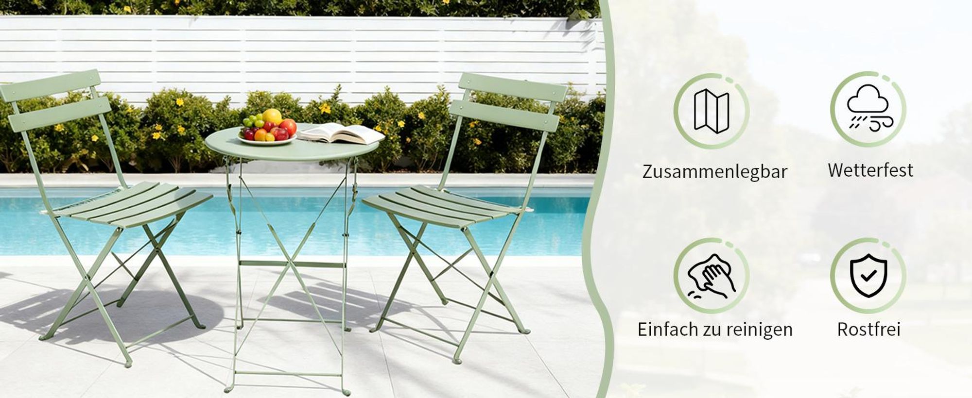 FCH Balkonset 3-Teilig Runder Tisch mit 2 Stühlen,Gartenmöbelset Klappmöbel Stuhl Tisch Garten-Möbel,grün