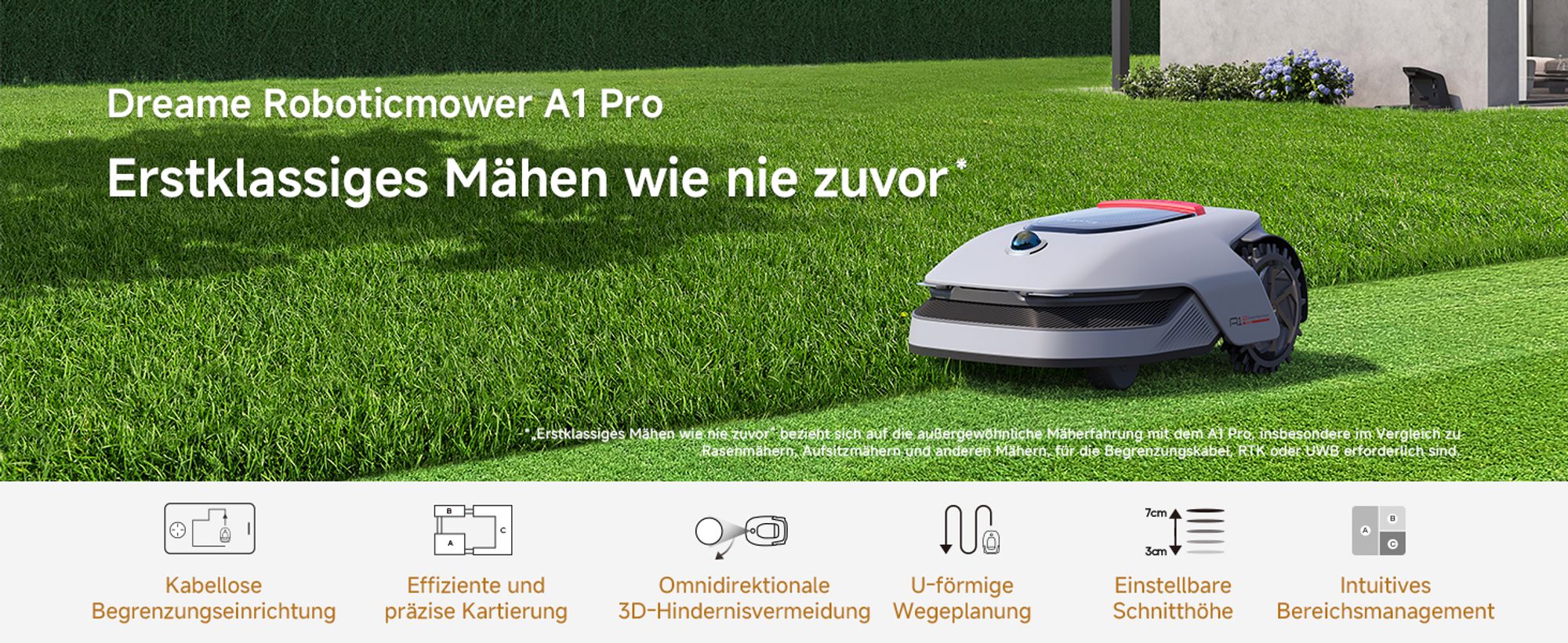Dreame Intelligenter Mähroboter A1 Pro, Drahtloser Umfang Mähroboter, App-Steuerung, Intuitive Zonenverwaltung, Intelligente Hindernisvermeidung