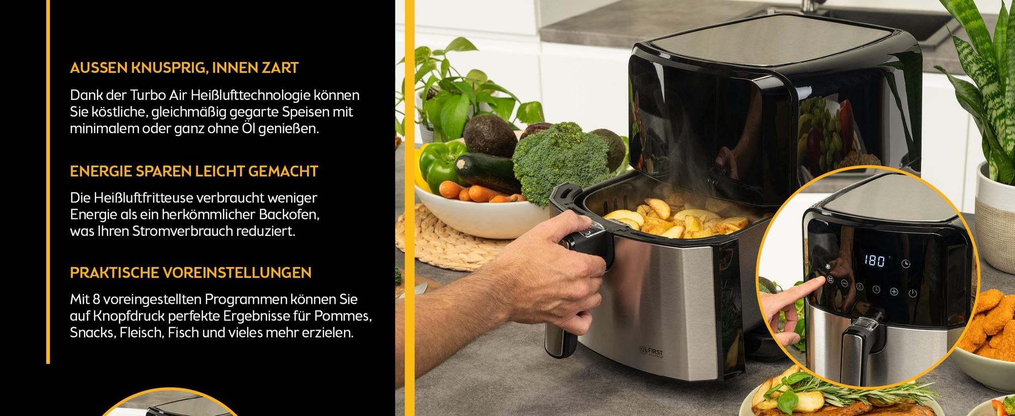 TZS First Austria Heißluftfritteuse 5L, 8 Programme, 1700W, Verzögerungstimer, Airfryer Ohne Öl & Fett, Edelstahlkorb, Kompaktfriteuse, Friteuse Heissluft Digital