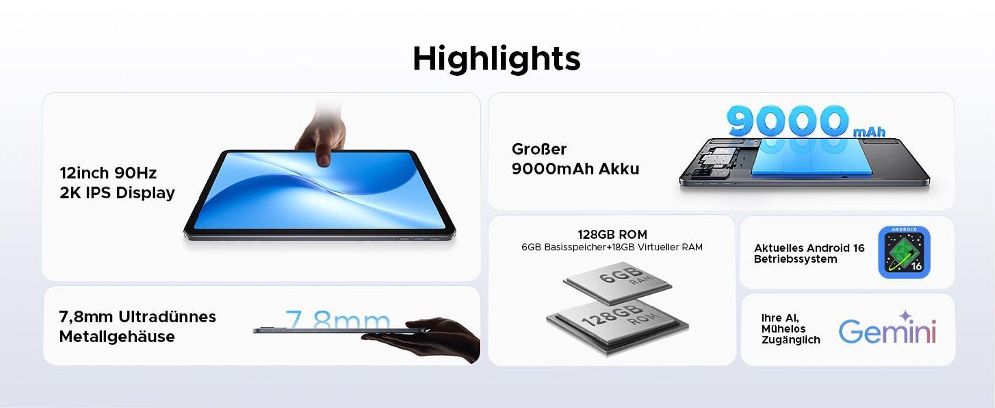 DOOGEE U12 Tablet - Android 16, 12 Zoll, 24GB(6+18)+128GB (bis 2TB erweiterbar), 90Hz, 9000mAh/18W,Octa Core T616,8MP+13MP Kamera,Widevine L1