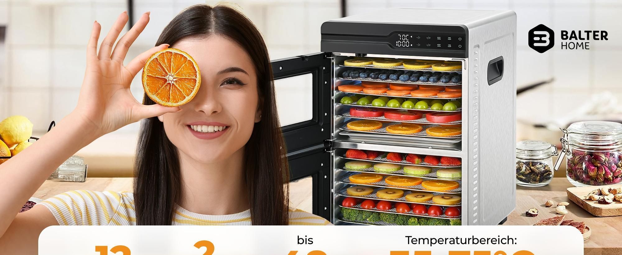 Balter Dörrautomat Edelstahl mit 12 Etagen & 2 Kammern, 1000 W, Dörrgerät, LED-Display, 48-Stunden-Timer und Temperaturregelung, Dehydrator, BPA-frei
