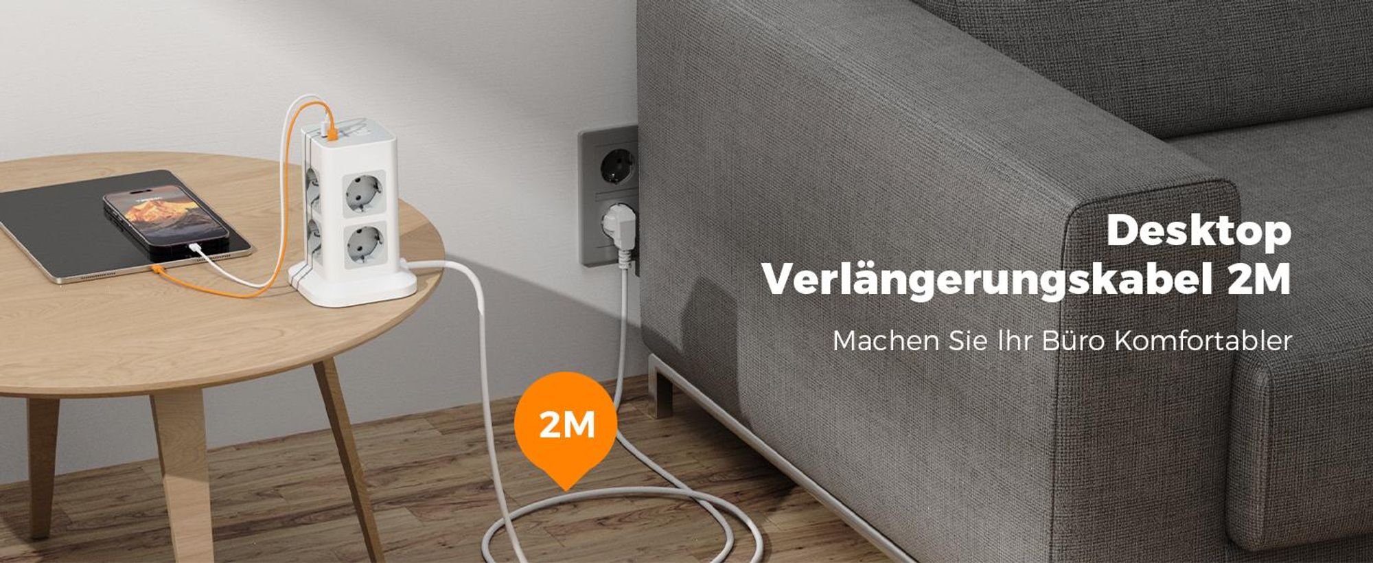 TESSAN Mehrfachsteckdose 8 Fach Steckdosenleiste 1 USB C und 2 USB A mit 2M Skabel